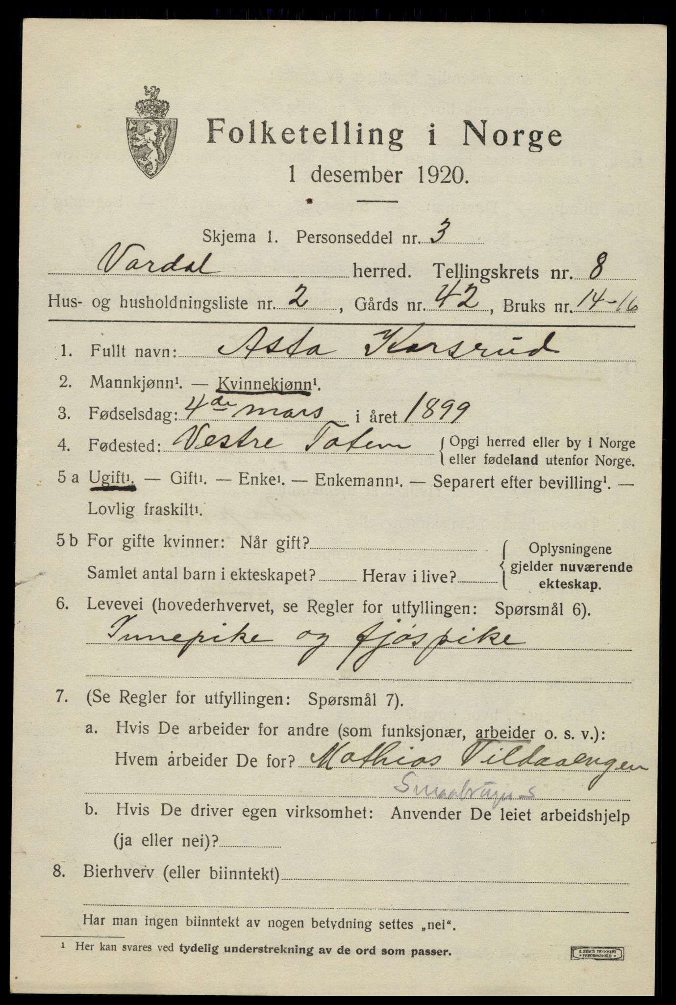 SAH, 1920 census for Vardal, 1920, p. 5735