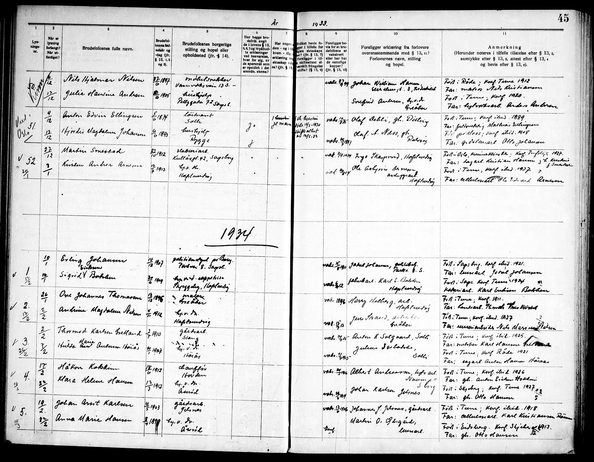 Tune prestekontor Kirkebøker, AV/SAO-A-2007/H/Ha/L0001: Banns register no. I 1, 1919-1946, p. 45