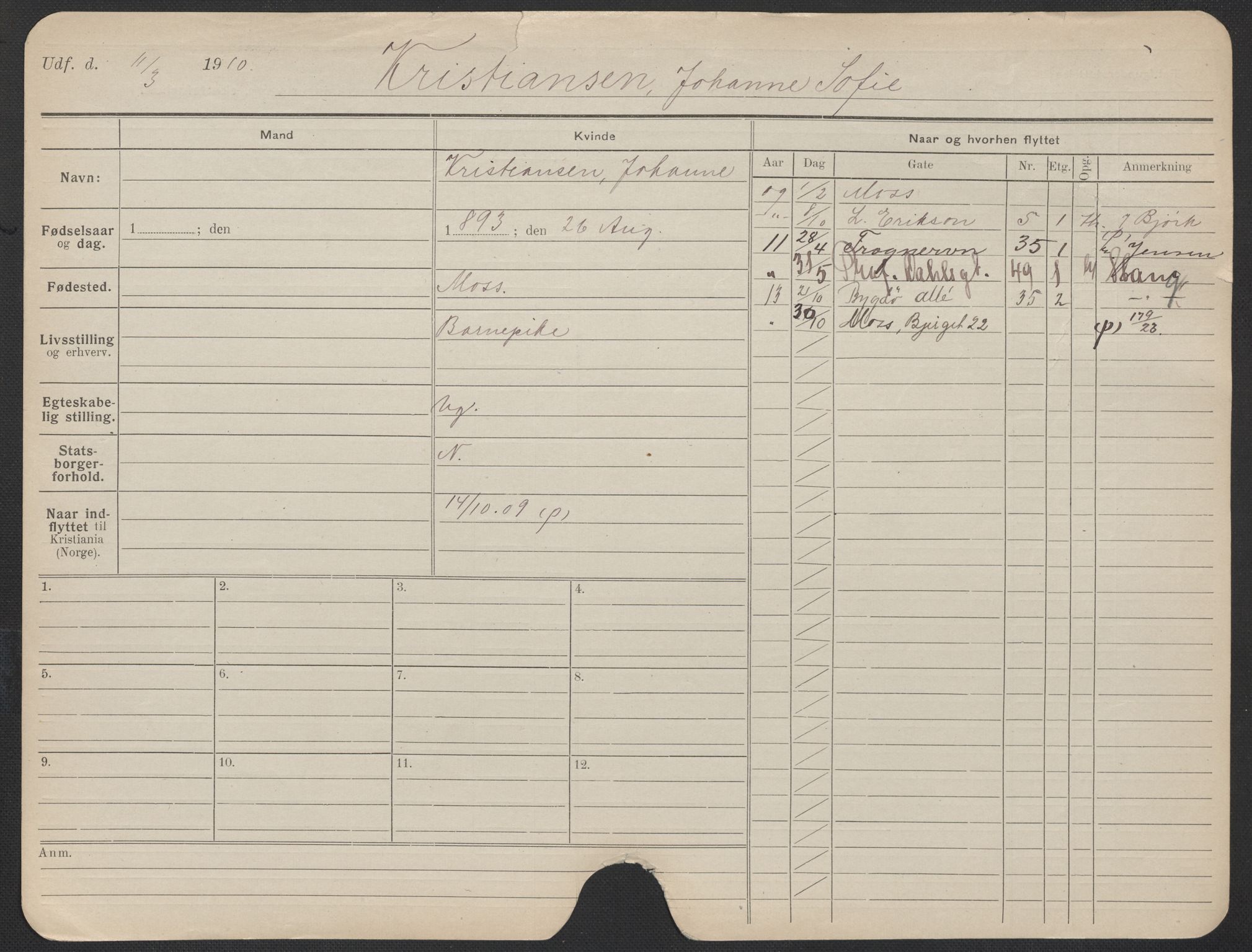 Oslo folkeregister, Registerkort, AV/SAO-A-11715/F/Fa/Fac/L0019: Kvinner, 1906-1914, p. 328a