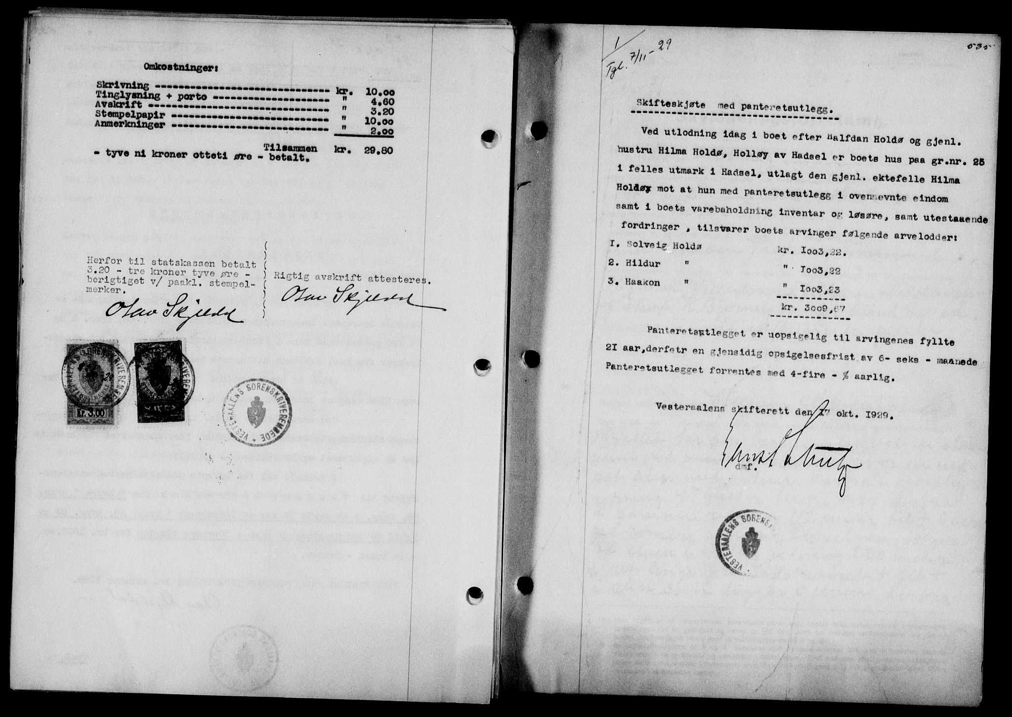 Vesterålen sorenskriveri, SAT/A-4180/1/2/2Ca/L0049: Mortgage book no. 42, 1929-1929, Deed date: 07.11.1929