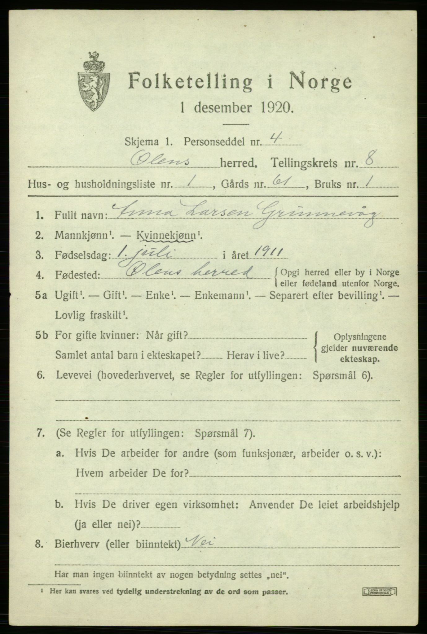 SAB, 1920 census for Ølen, 1920, p. 3401