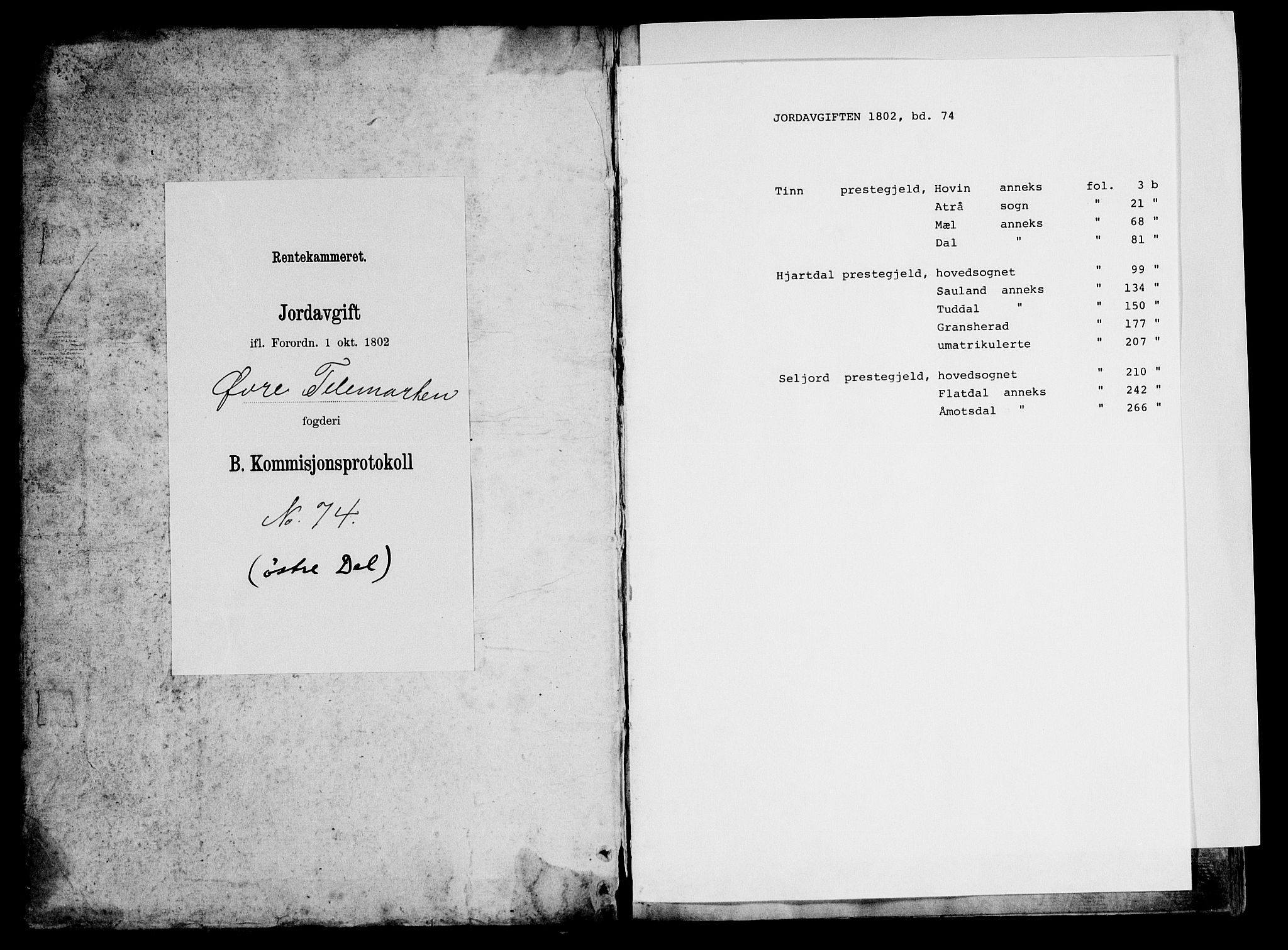 Rentekammeret inntil 1814, Realistisk ordnet avdeling, AV/RA-EA-4070/N/Ne/Nea/L0074: Øvre Telemarken fogderi. Kommisjonsprotokoll for fogderiets østre del - Tinn, Hjartdal og Seljord prestegjeld., 1803, p. 1