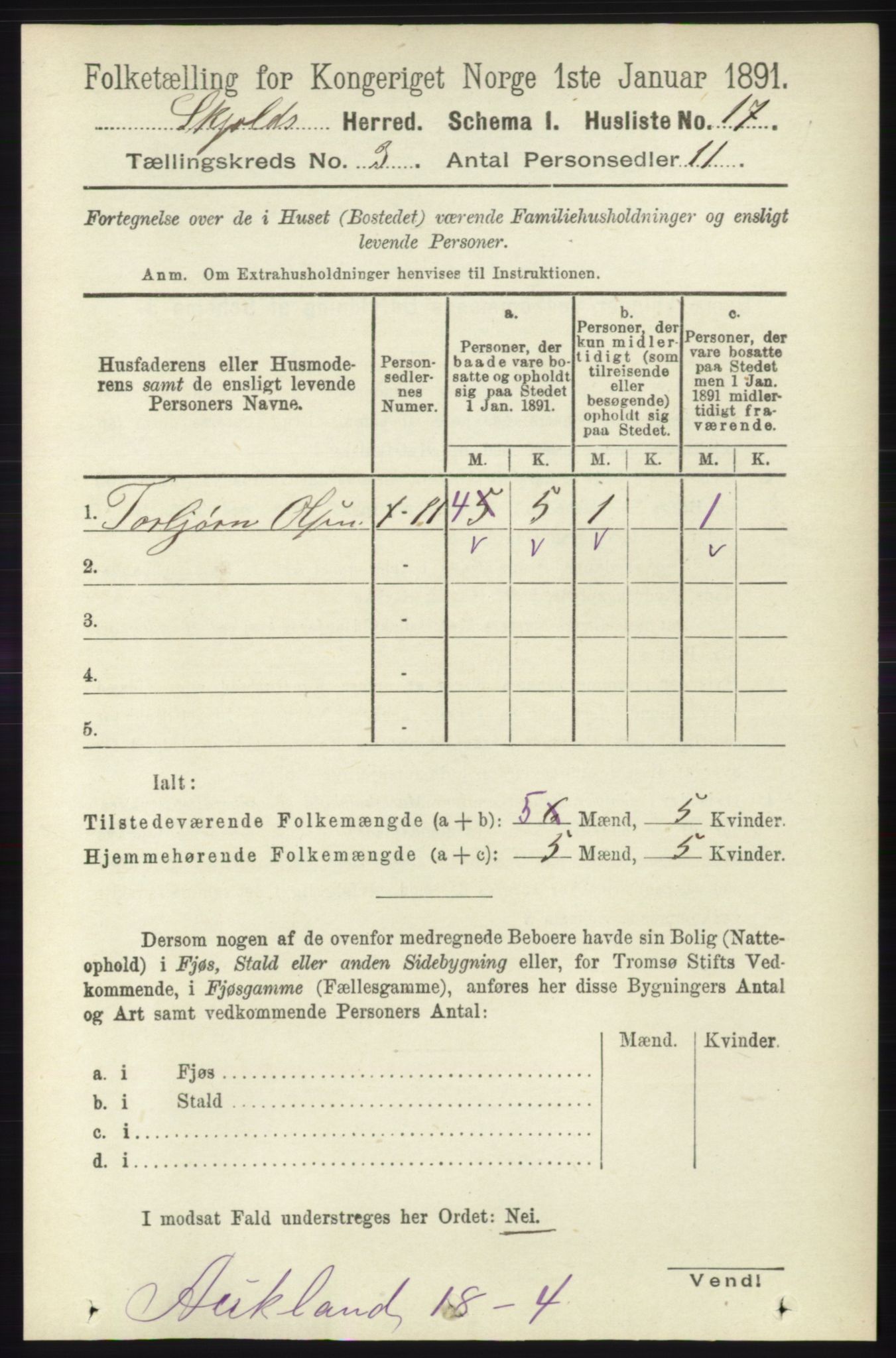 RA, 1891 census for 1154 Skjold, 1891, p. 375