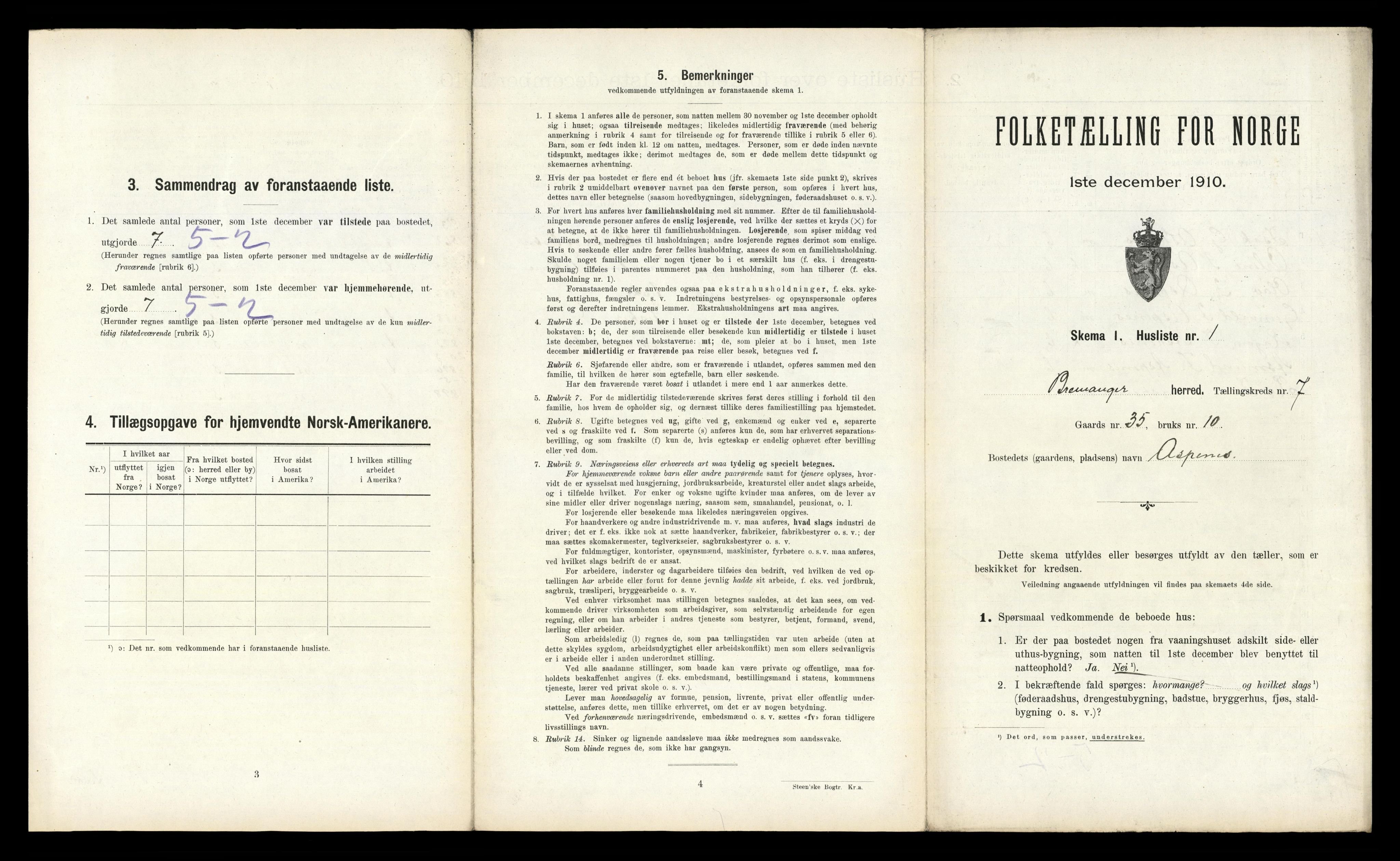RA, 1910 census for Bremanger, 1910, p. 609