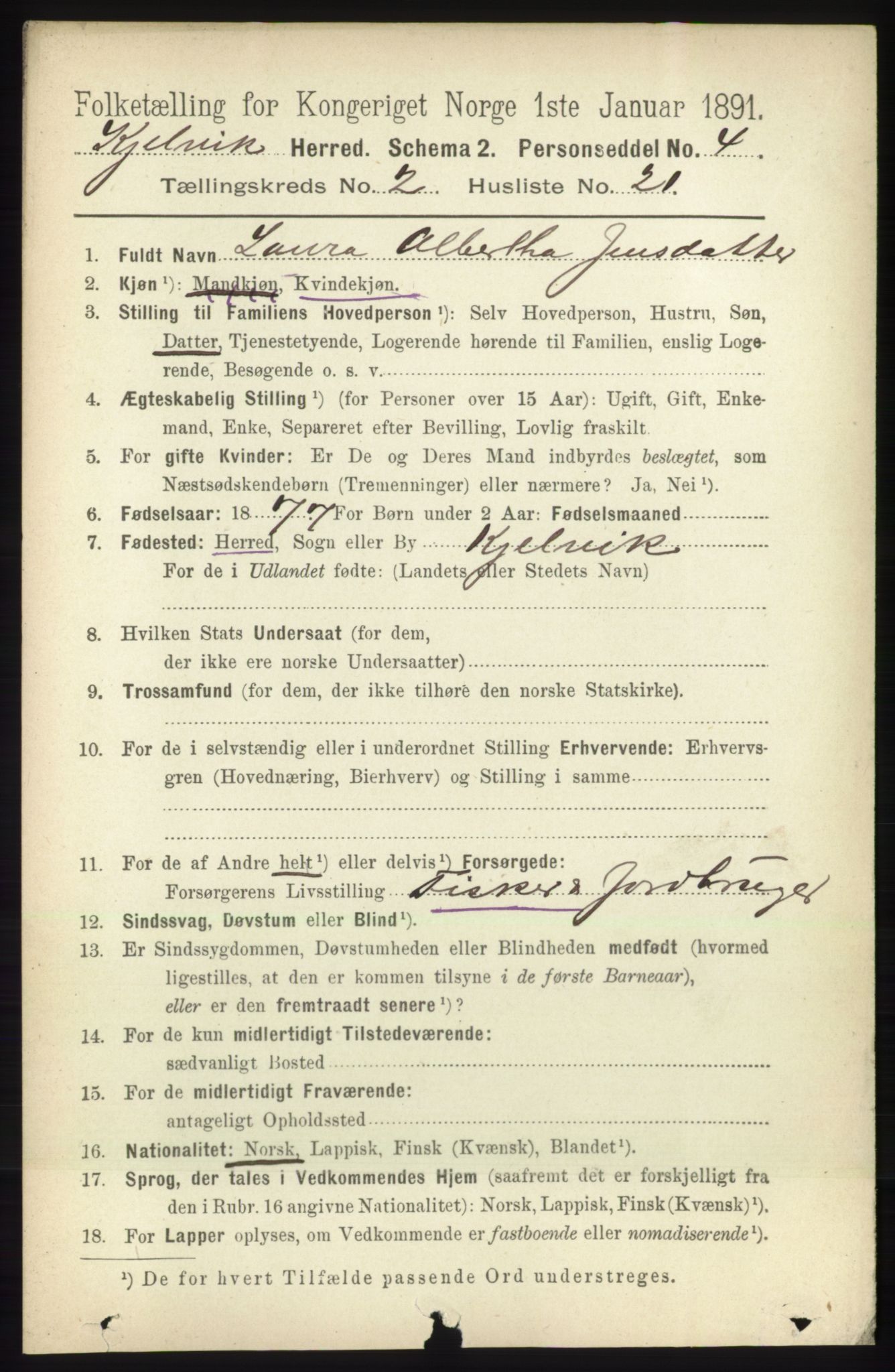 RA, 1891 census for 2019 Kjelvik, 1891, p. 211