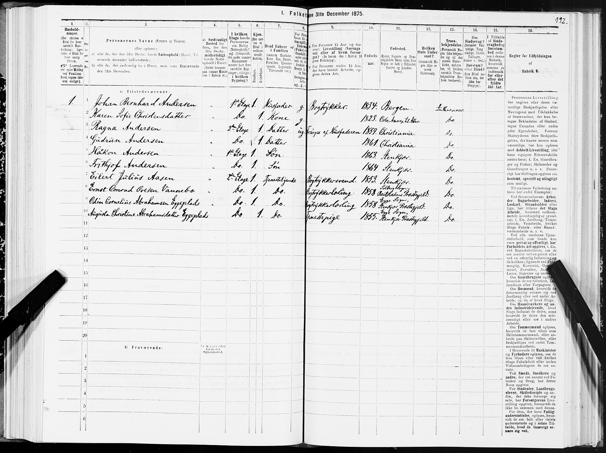 SAT, 1875 census for 1702B Steinkjer/Steinkjer, 1875, p. 192