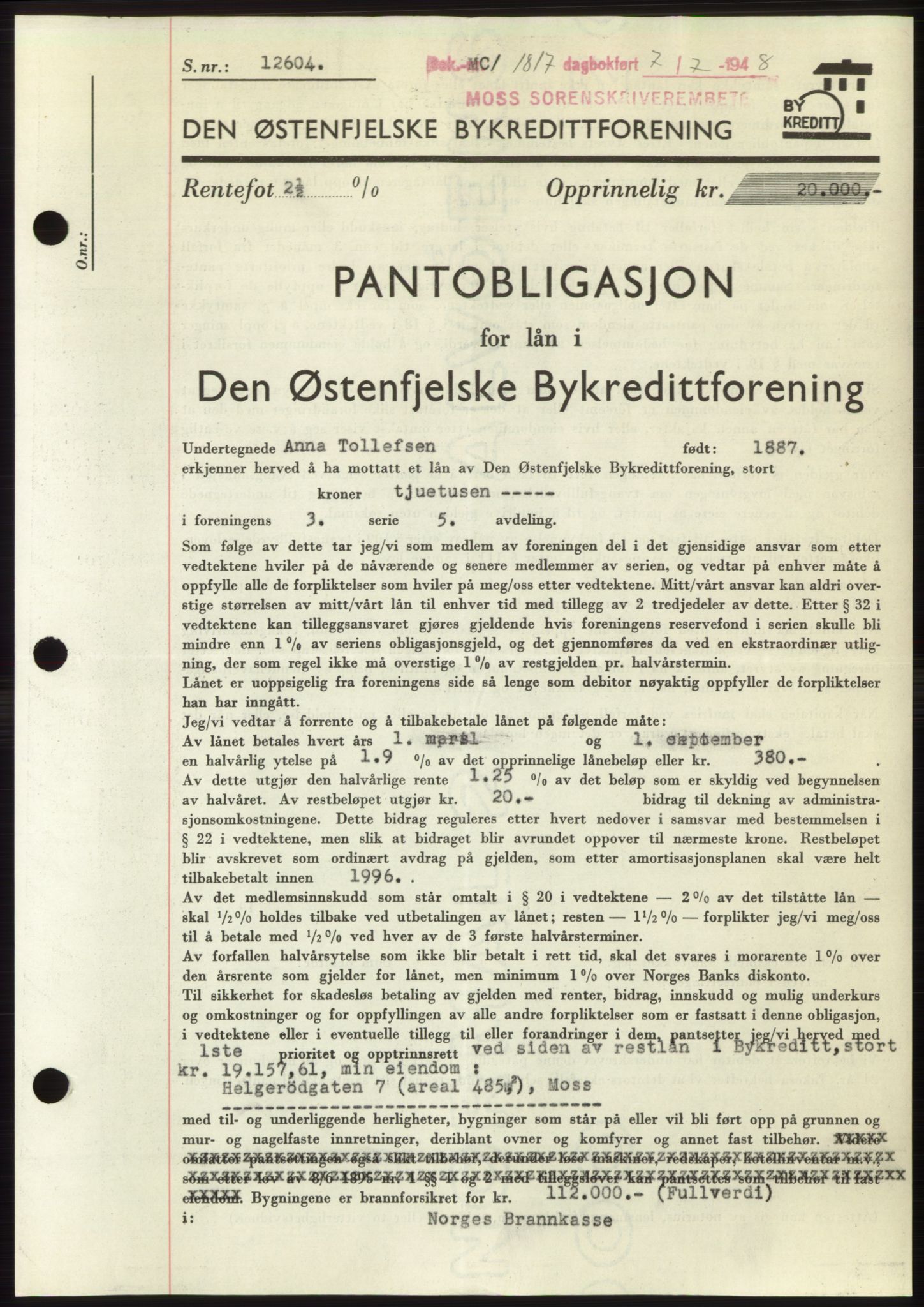 Moss sorenskriveri, AV/SAO-A-10168: Mortgage book no. B20, 1948-1948, Diary no: : 1817/1948