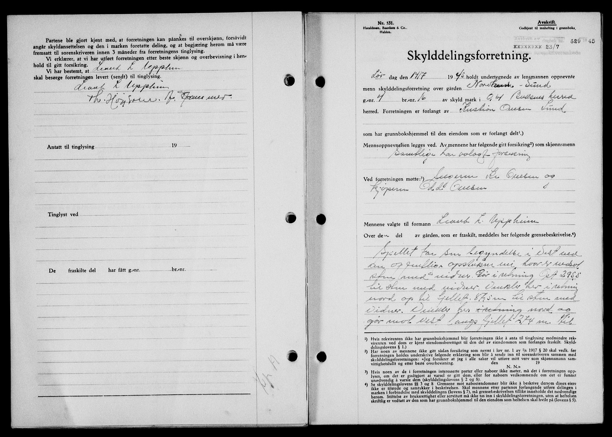 Lofoten sorenskriveri, SAT/A-0017/1/2/2C/L0013a: Mortgage book no. 13a, 1944-1946, Diary no: : 629/1945