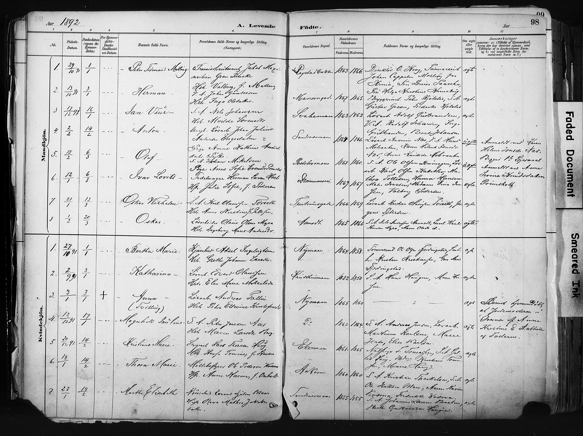 Kongsberg kirkebøker, SAKO/A-22/F/Fb/L0002: Parish register (official) no. II 2, 1886-1896, p. 98