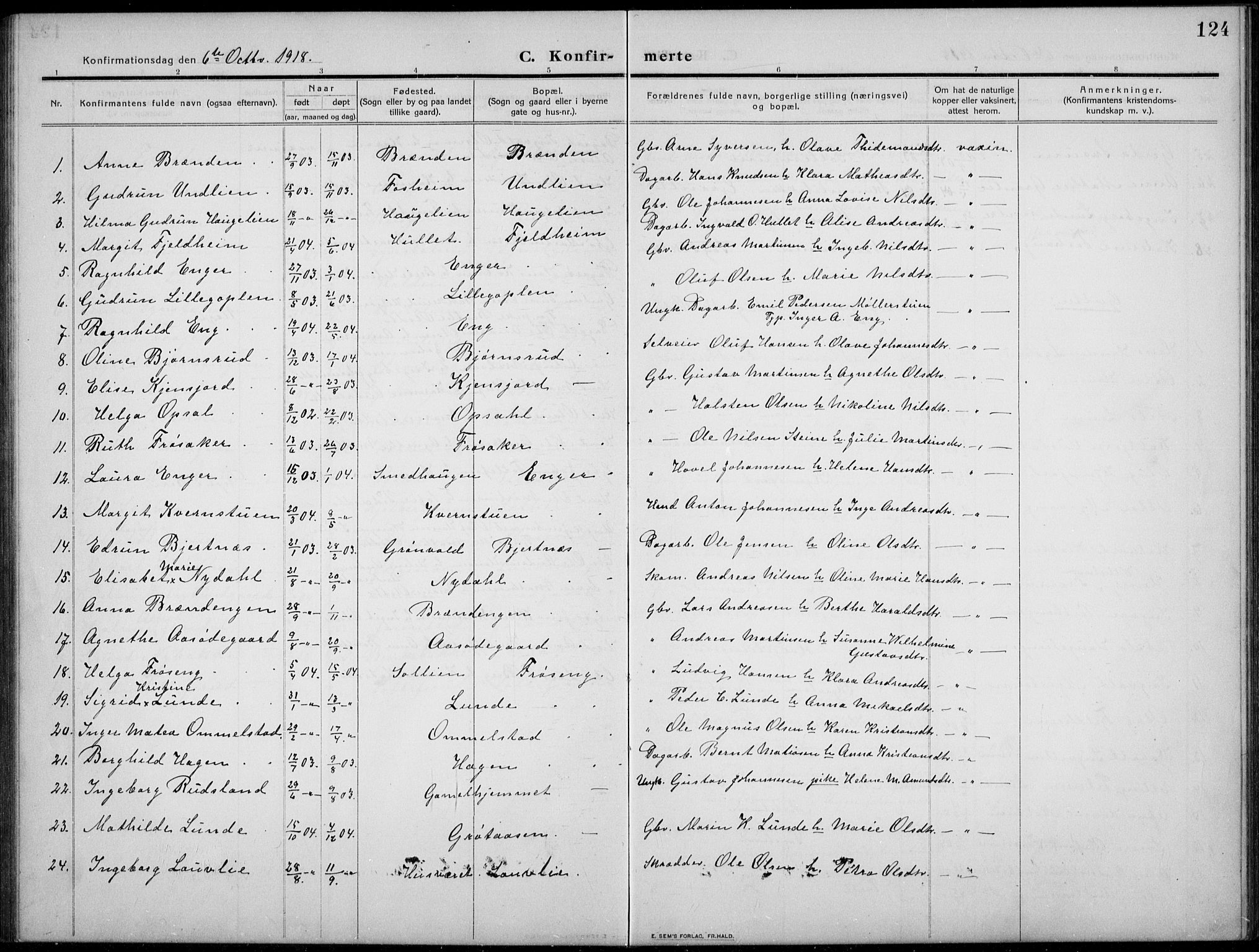 Nordre Land prestekontor, AV/SAH-PREST-124/H/Ha/Hab/L0002: Parish register (copy) no. 2, 1909-1934, p. 124
