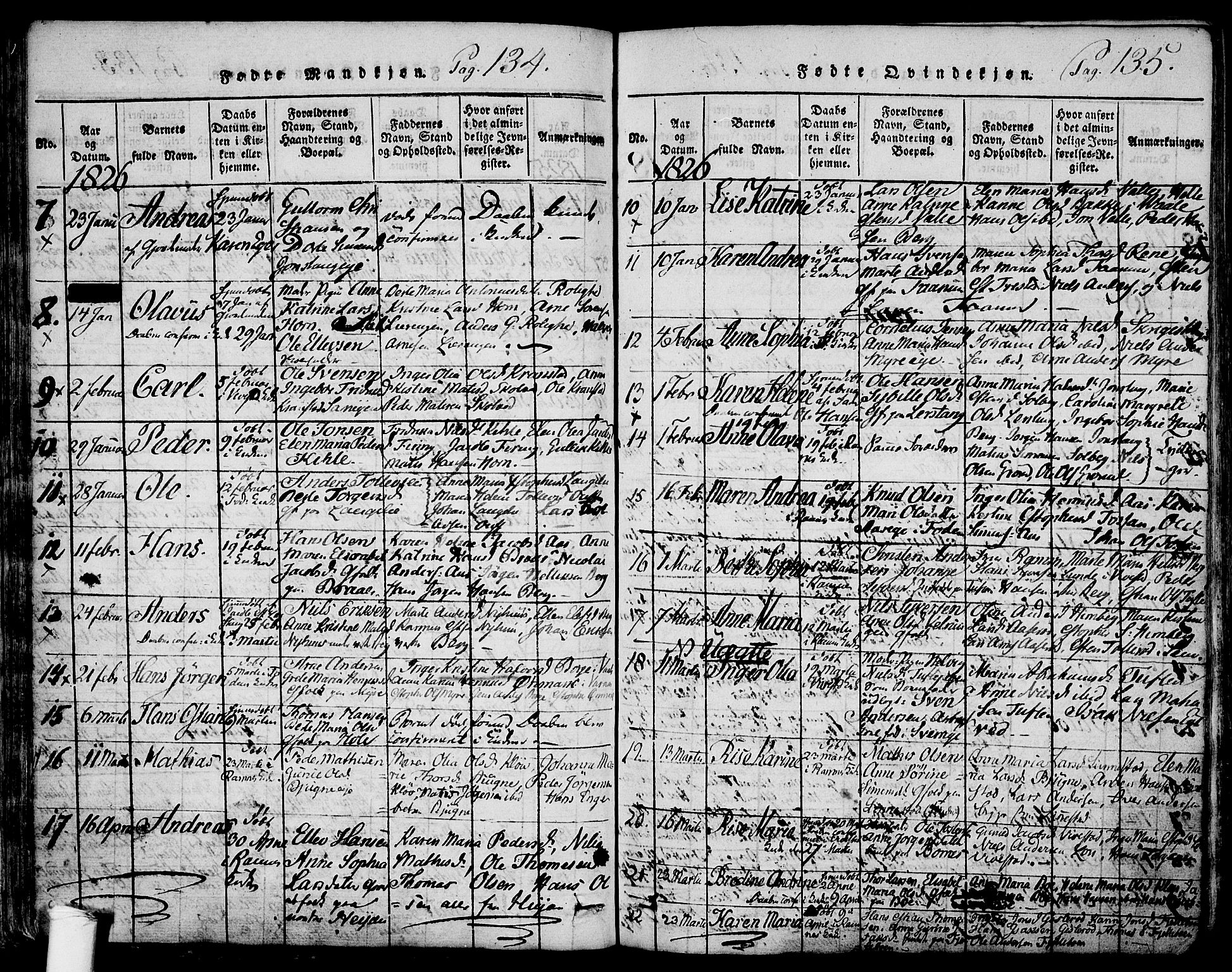 Ramnes kirkebøker, AV/SAKO-A-314/F/Fa/L0004: Parish register (official) no. I 4, 1813-1840, p. 134-135