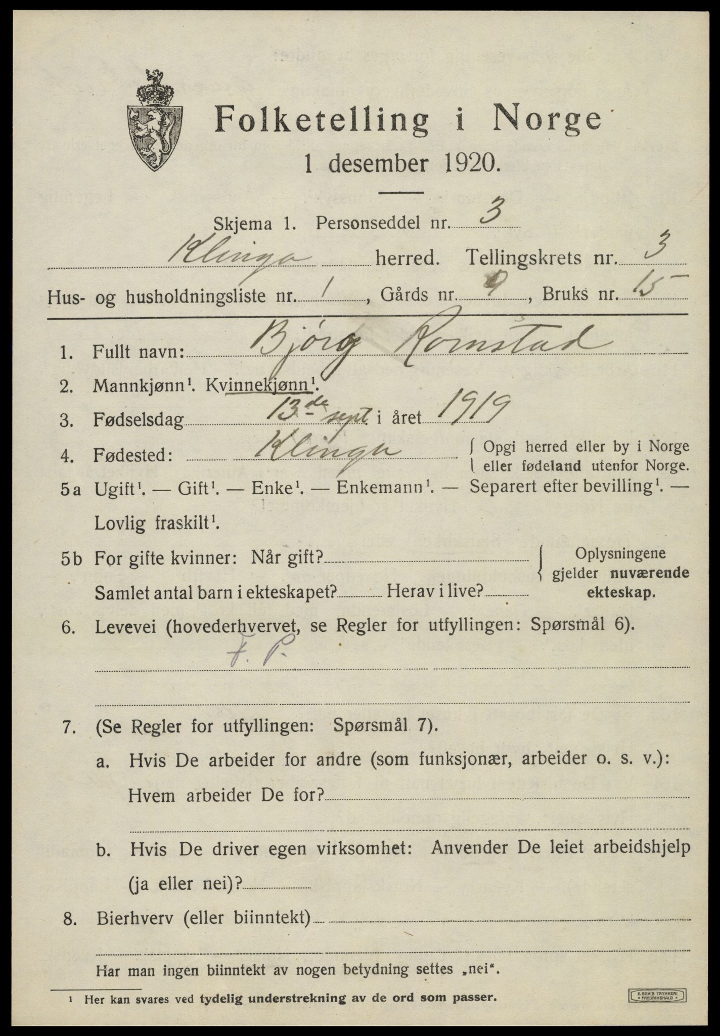 SAT, 1920 census for Klinga, 1920, p. 2073