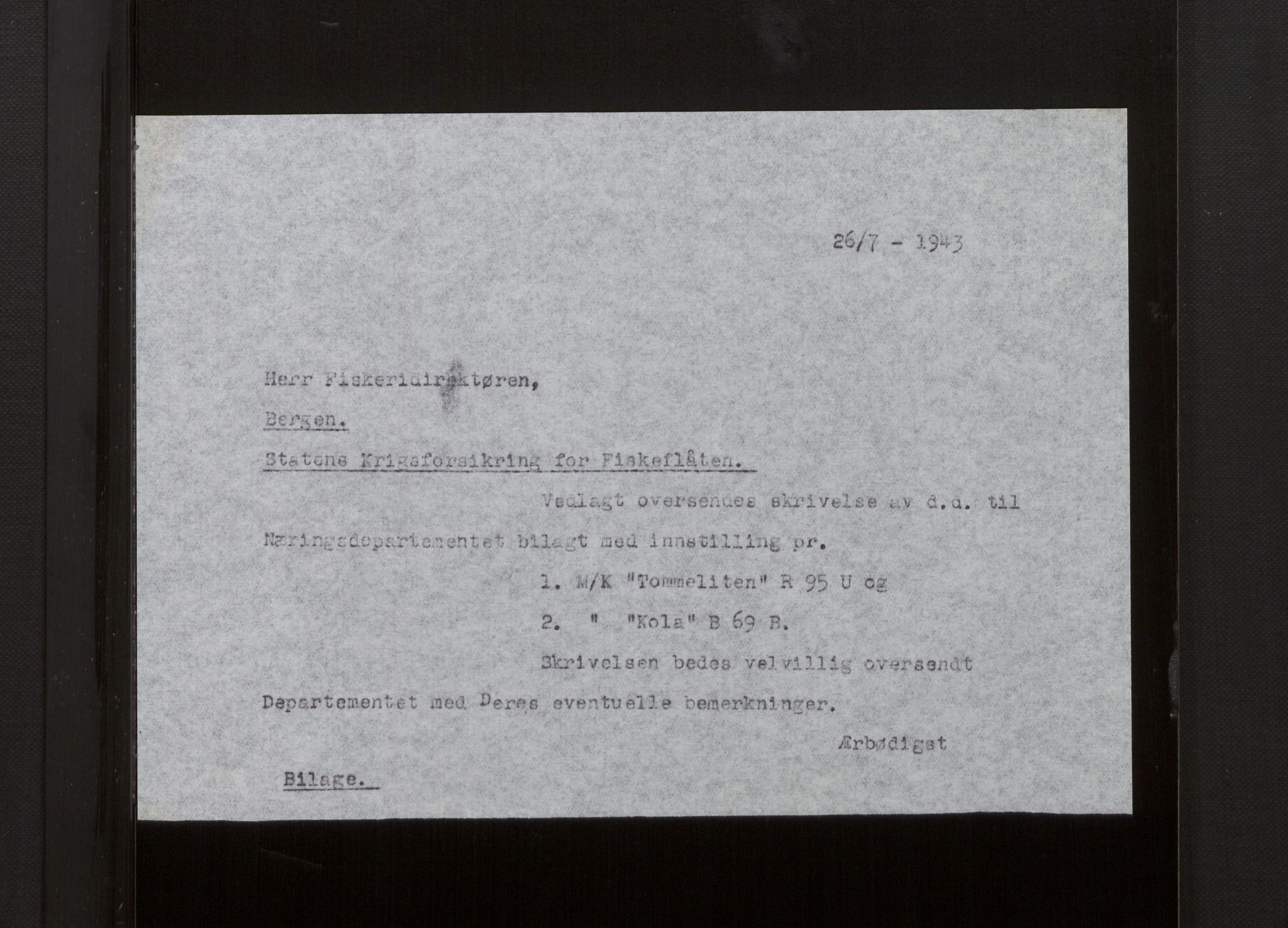 Fiskeridirektoratet - 1 Adm. ledelse - 13 Båtkontoret, AV/SAB-A-2003/La/L0008: Statens krigsforsikring for fiskeflåten, 1936-1971, p. 224