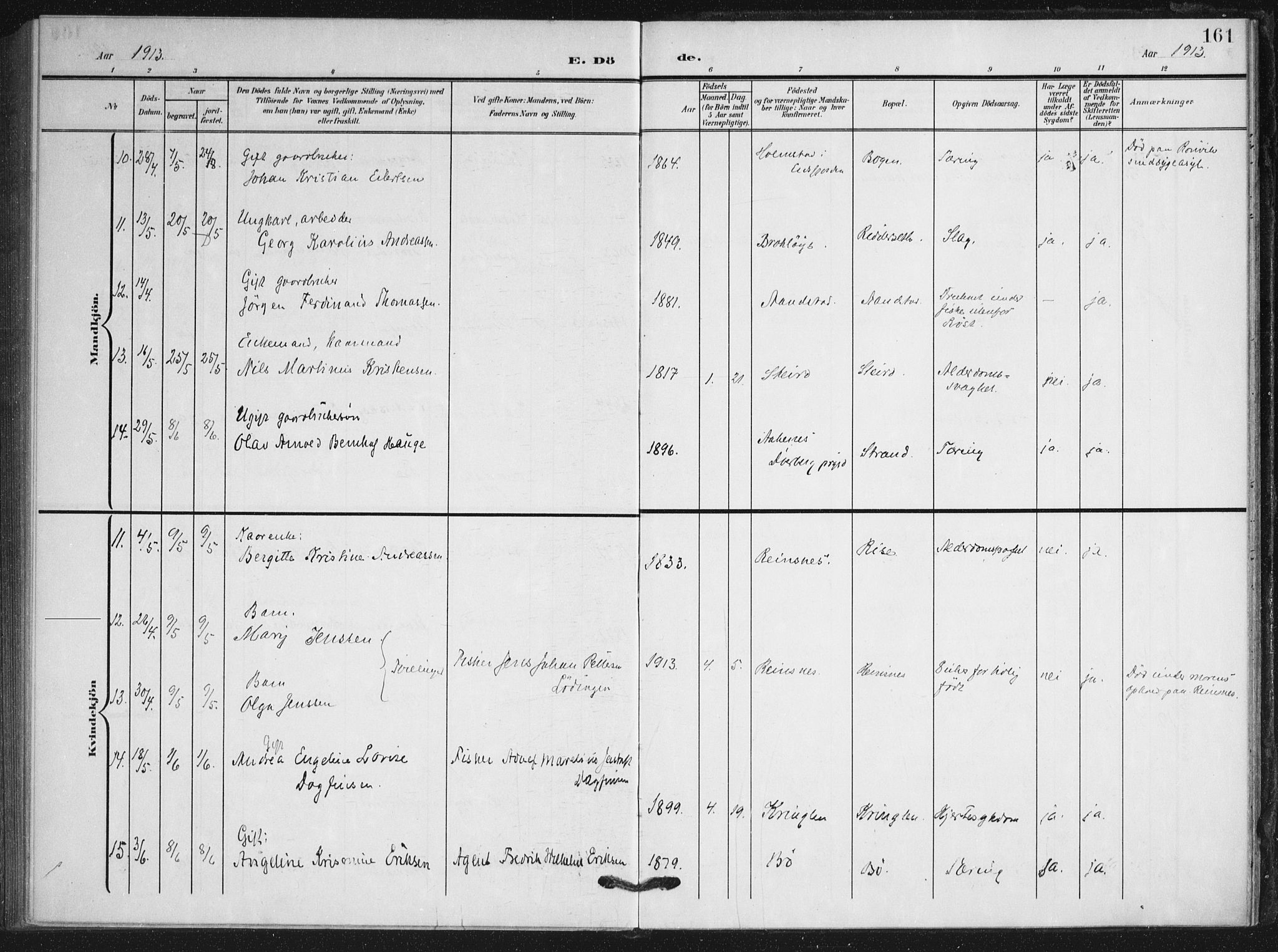 Ministerialprotokoller, klokkerbøker og fødselsregistre - Nordland, AV/SAT-A-1459/895/L1373: Parish register (official) no. 895A08, 1905-1915, p. 161