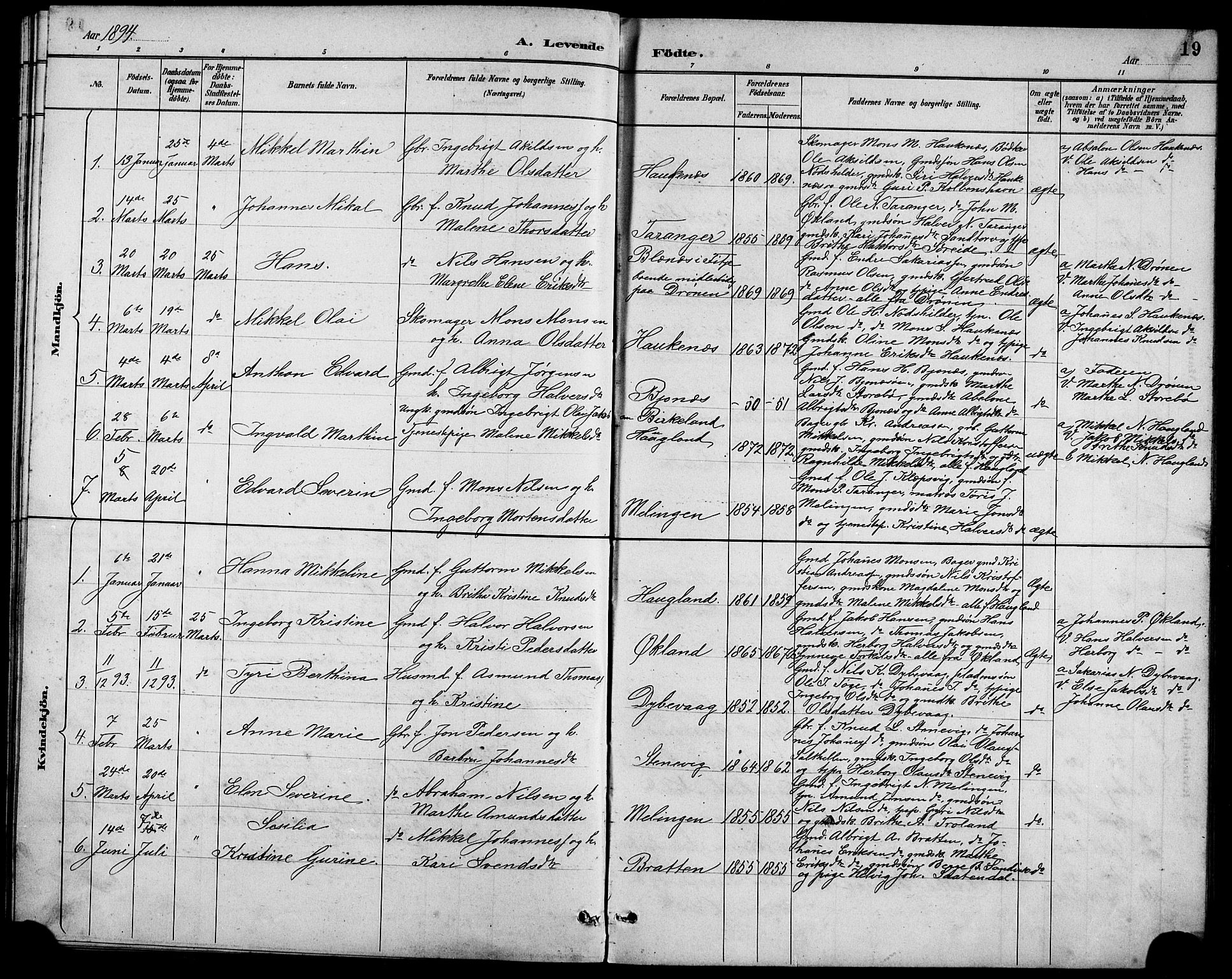 Austevoll Sokneprestembete, SAB/A-74201/H/Hab: Parish register (copy) no. A 3, 1889-1900, p. 19