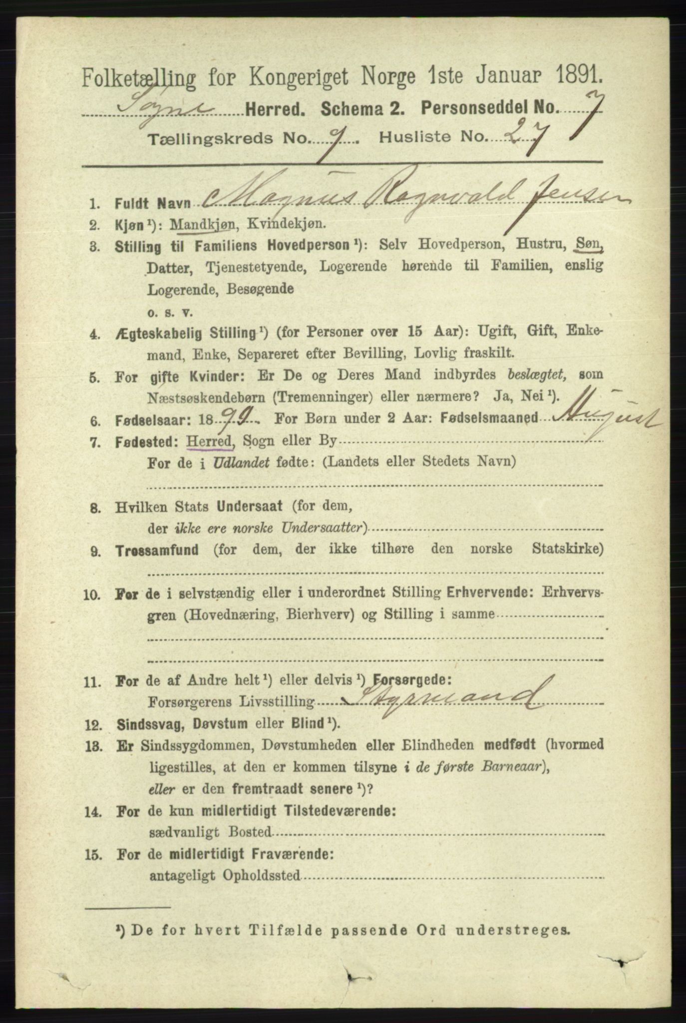 RA, 1891 census for 1018 Søgne, 1891, p. 2675