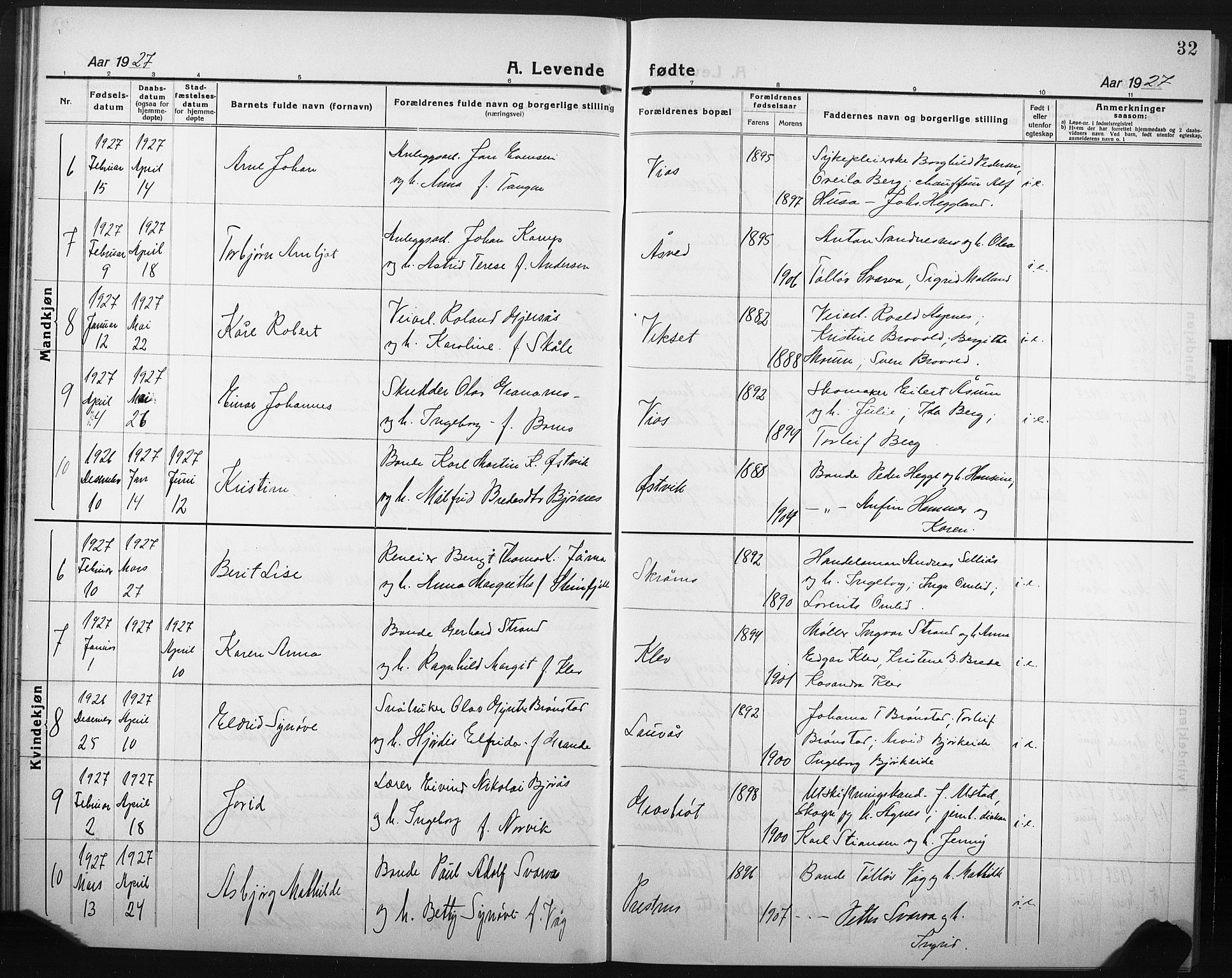 Ministerialprotokoller, klokkerbøker og fødselsregistre - Nord-Trøndelag, SAT/A-1458/749/L0480: Parish register (copy) no. 749C02, 1924-1932, p. 32