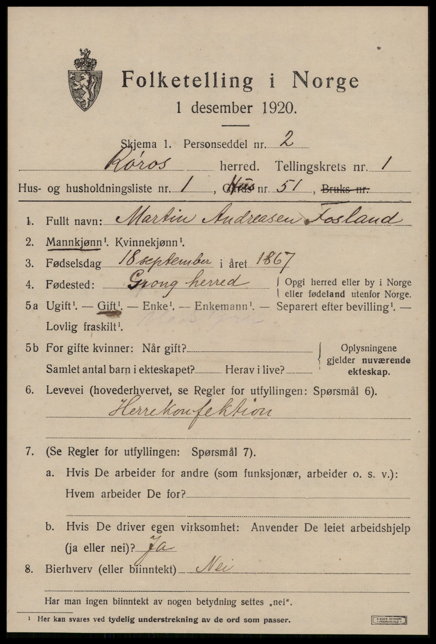 SAT, 1920 census for Røros, 1920, p. 1886