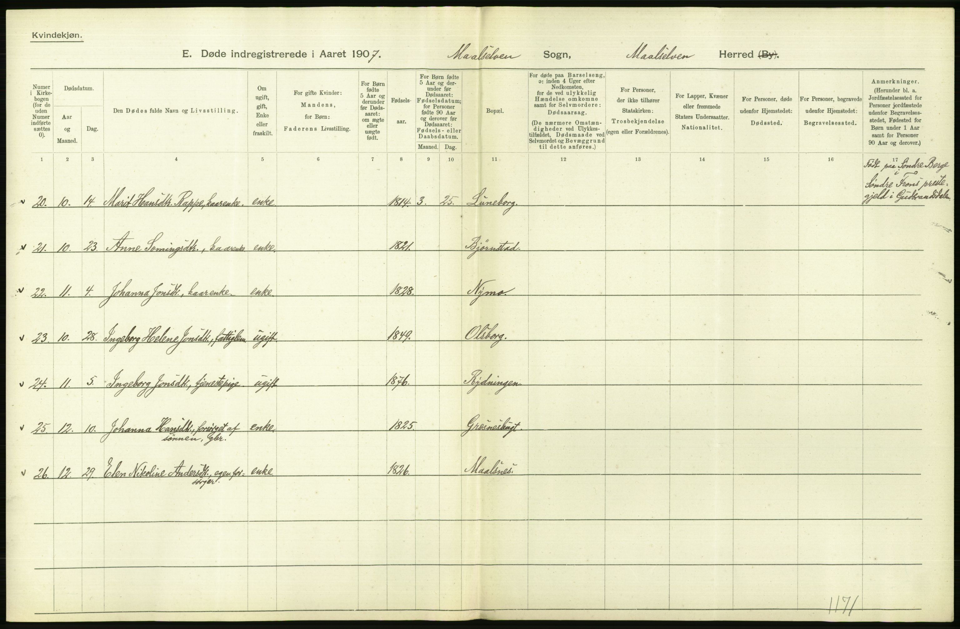 Statistisk sentralbyrå, Sosiodemografiske emner, Befolkning, AV/RA-S-2228/D/Df/Dfa/Dfae/L0047: Tromsø amt: Gifte, døde, dødfødte. Bygder og byer., 1907, p. 408