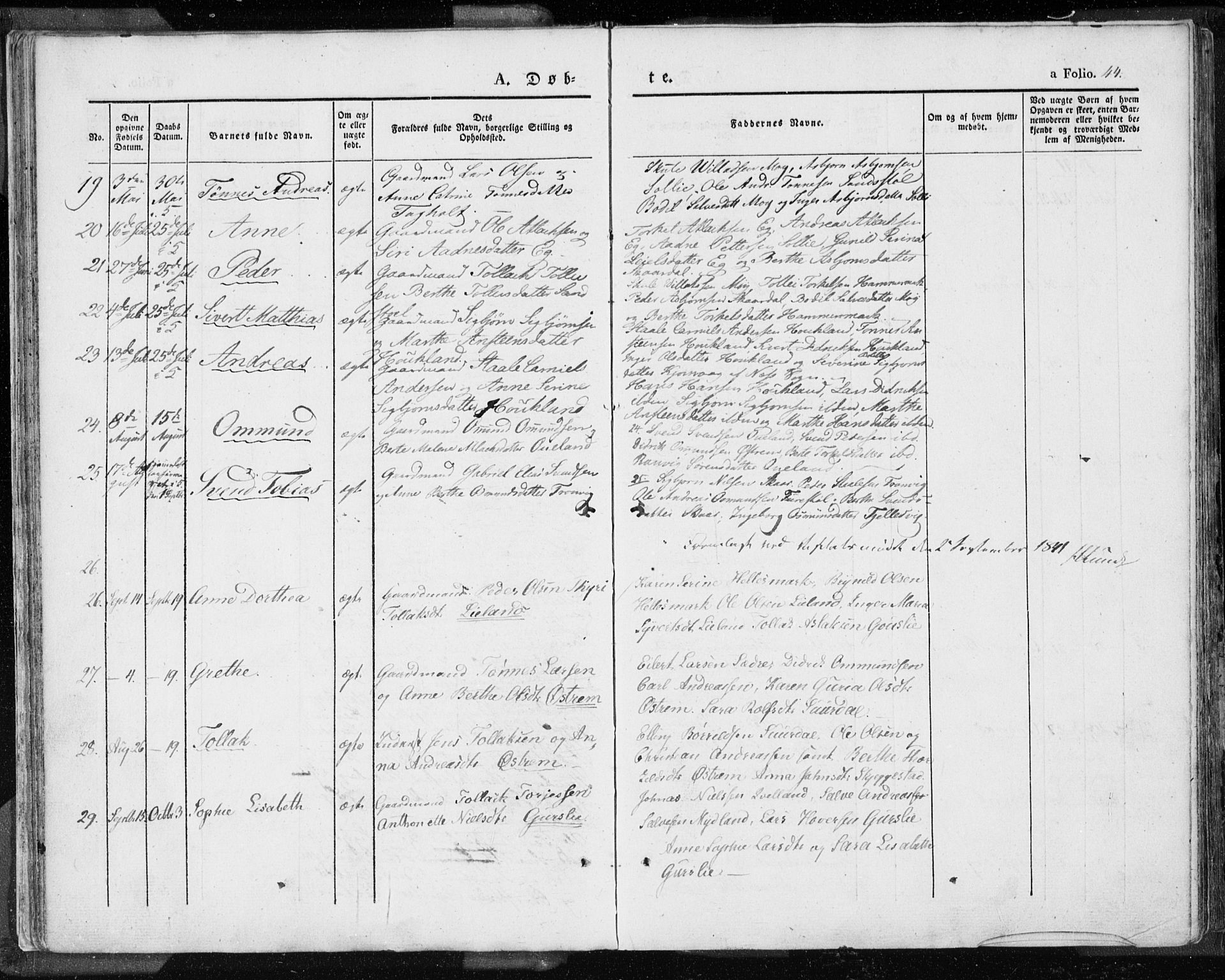 Lund sokneprestkontor, SAST/A-101809/S06/L0007: Parish register (official) no. A 7.1, 1833-1854, p. 44