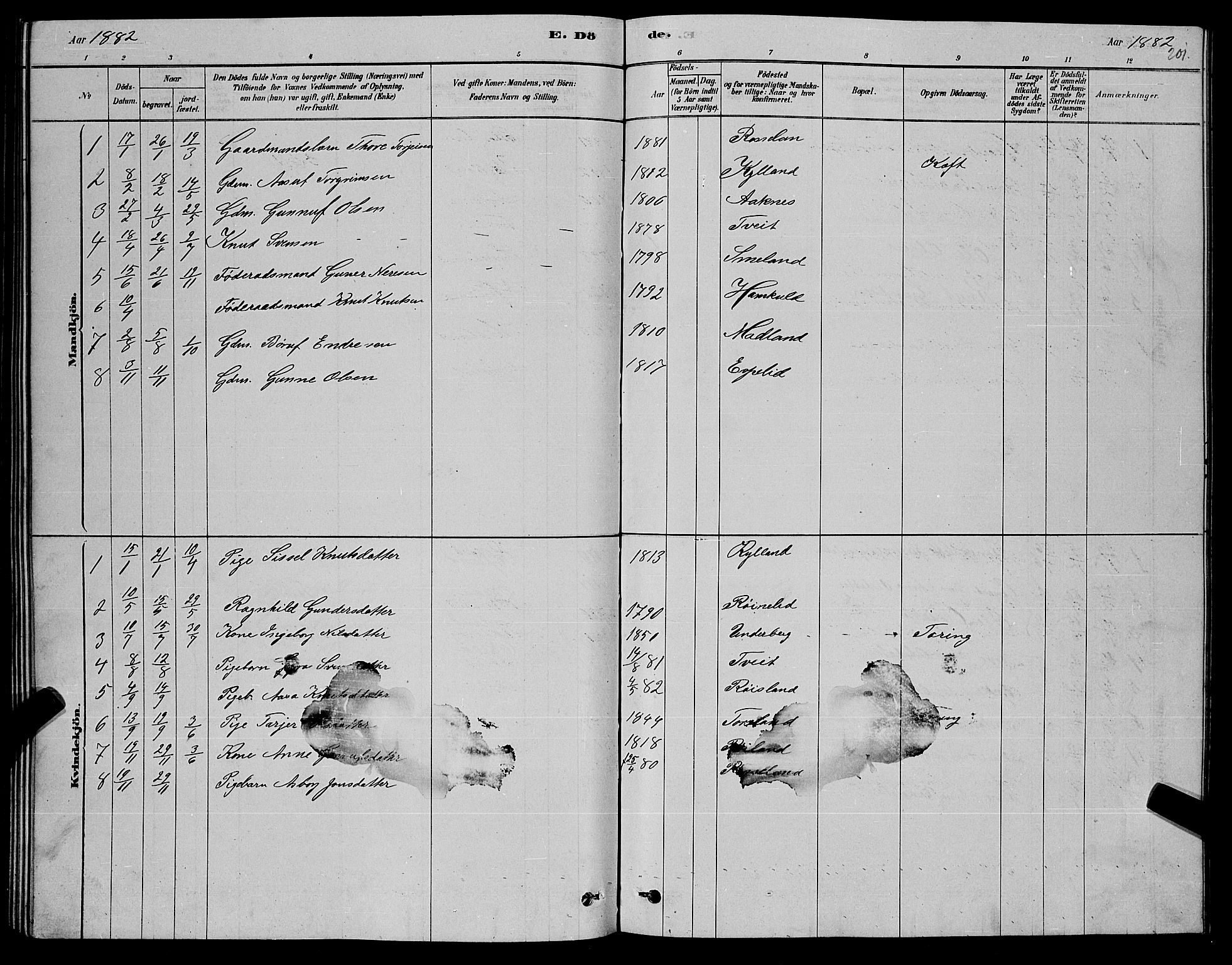 Åseral sokneprestkontor, SAK/1111-0051/F/Fb/L0002: Parish register (copy) no. B 2, 1878-1899, p. 201