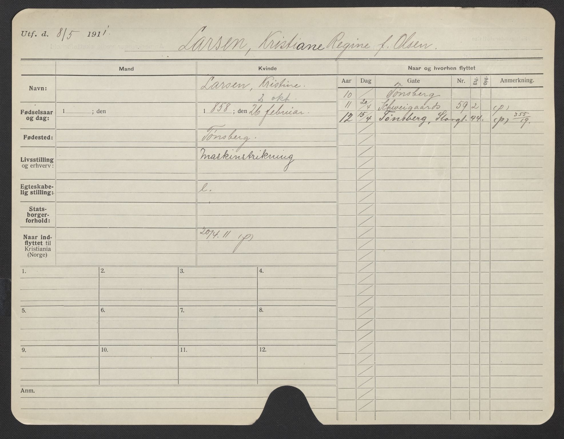 Oslo folkeregister, Registerkort, AV/SAO-A-11715/F/Fa/Fac/L0019: Kvinner, 1906-1914, p. 1018a