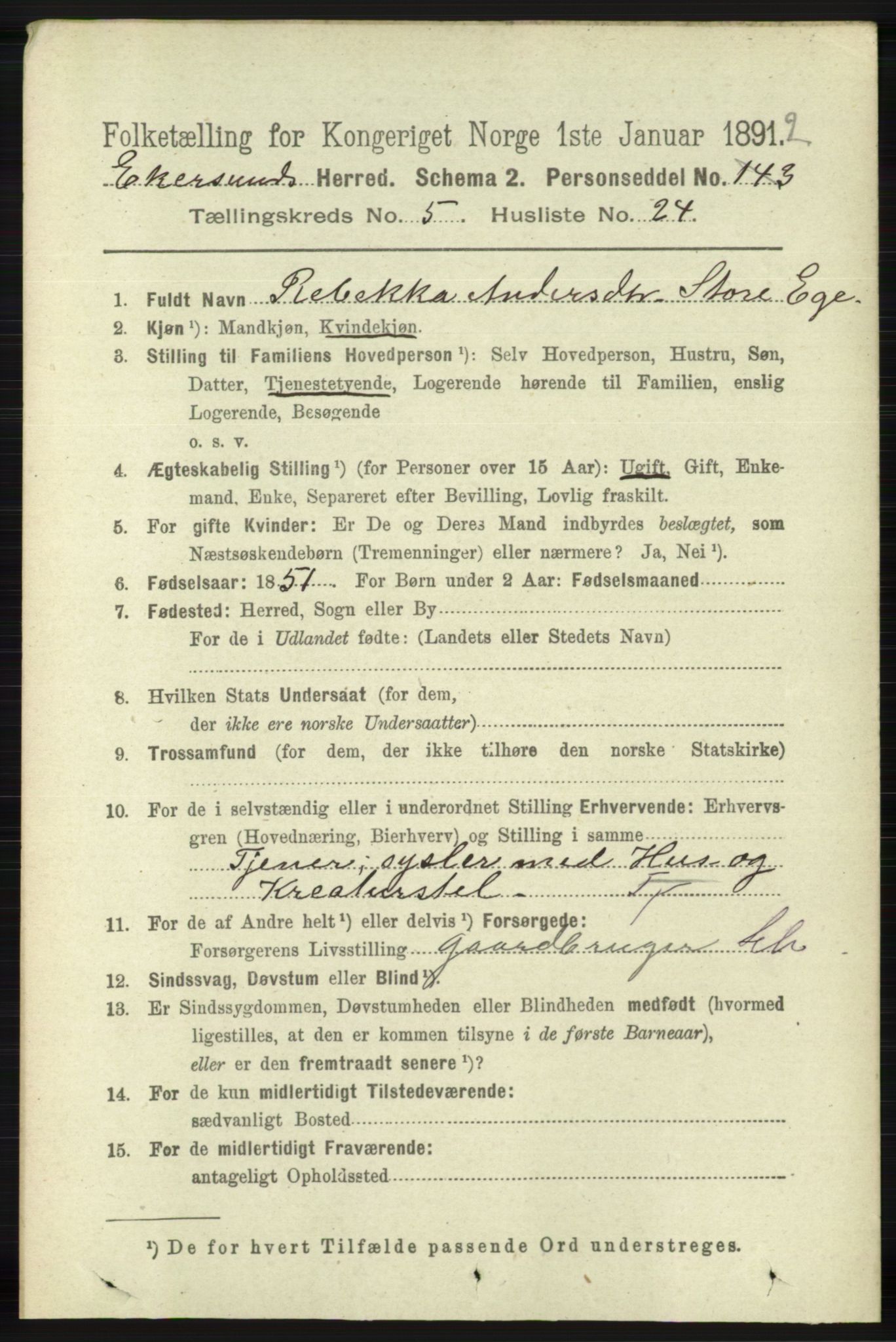 RA, 1891 census for 1116 Eigersund herred, 1891, p. 2188