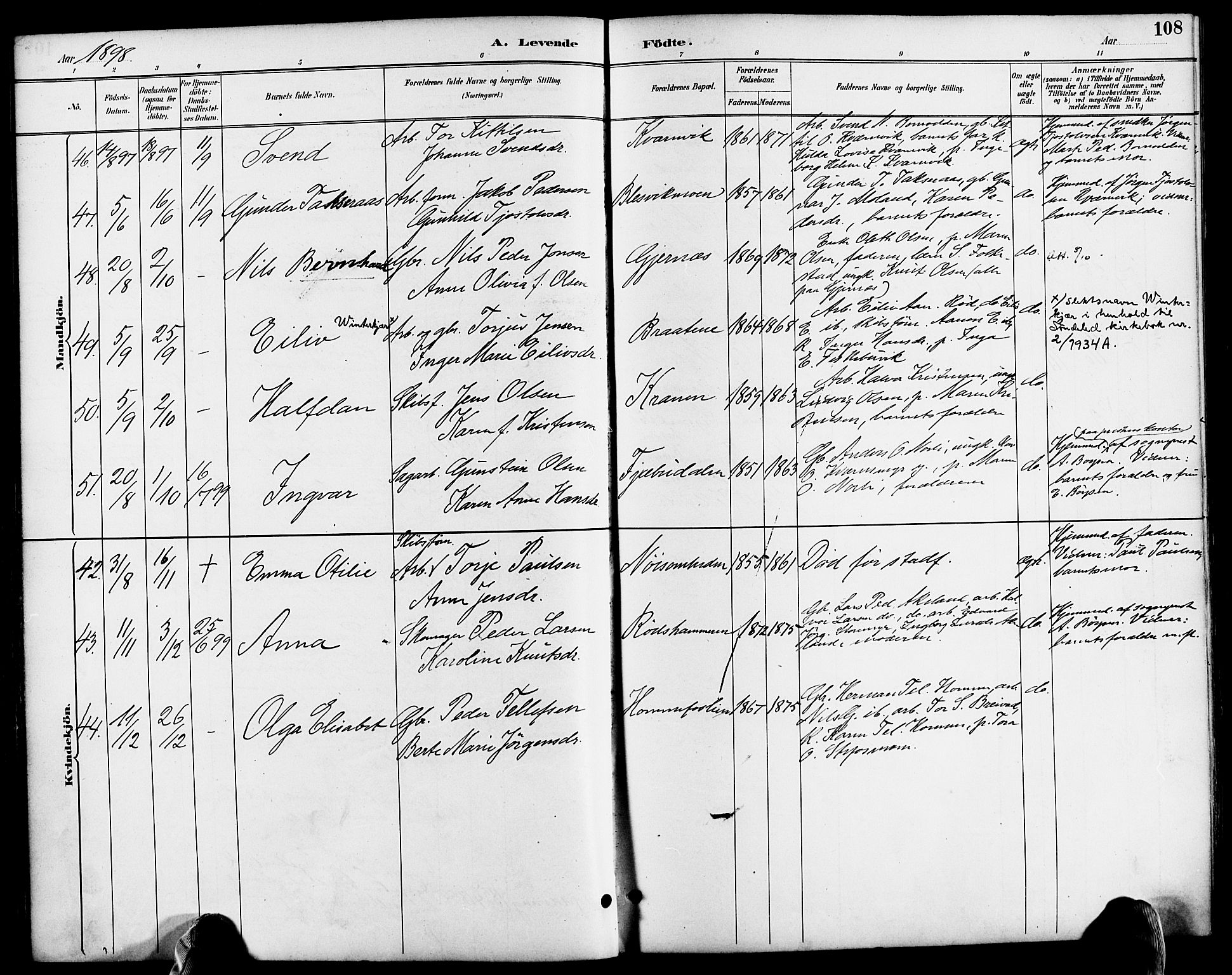 Søndeled sokneprestkontor, AV/SAK-1111-0038/F/Fa/L0005: Parish register (official) no. A 5, 1889-1899, p. 108