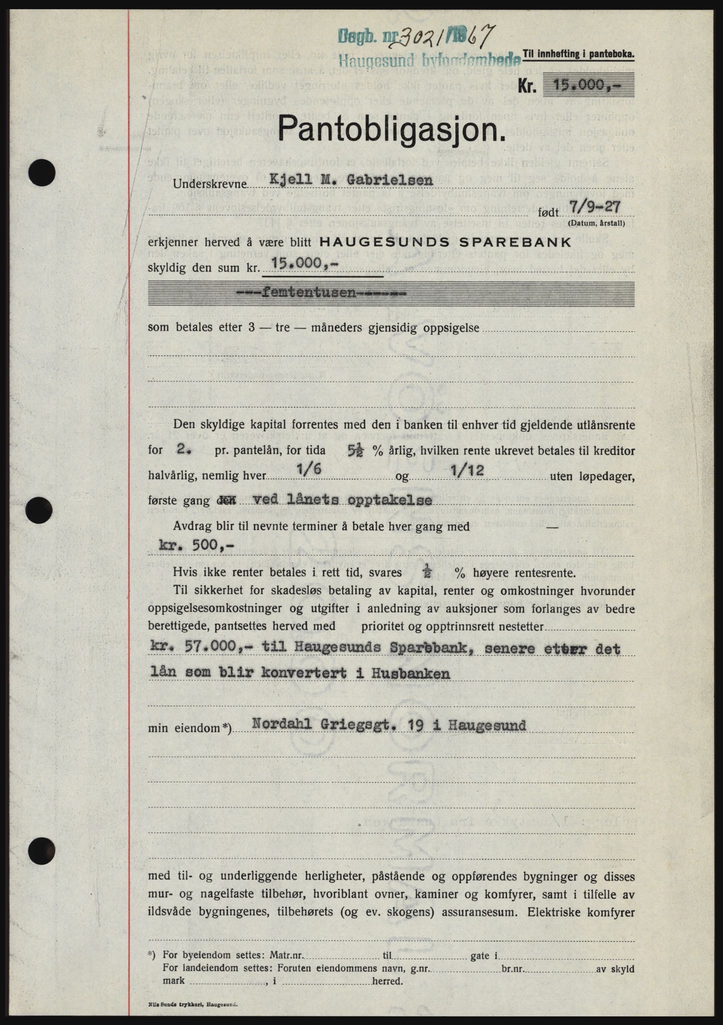 Haugesund tingrett, SAST/A-101415/01/II/IIC/L0058: Mortgage book no. B 58, 1967-1968, Diary no: : 3021/1967