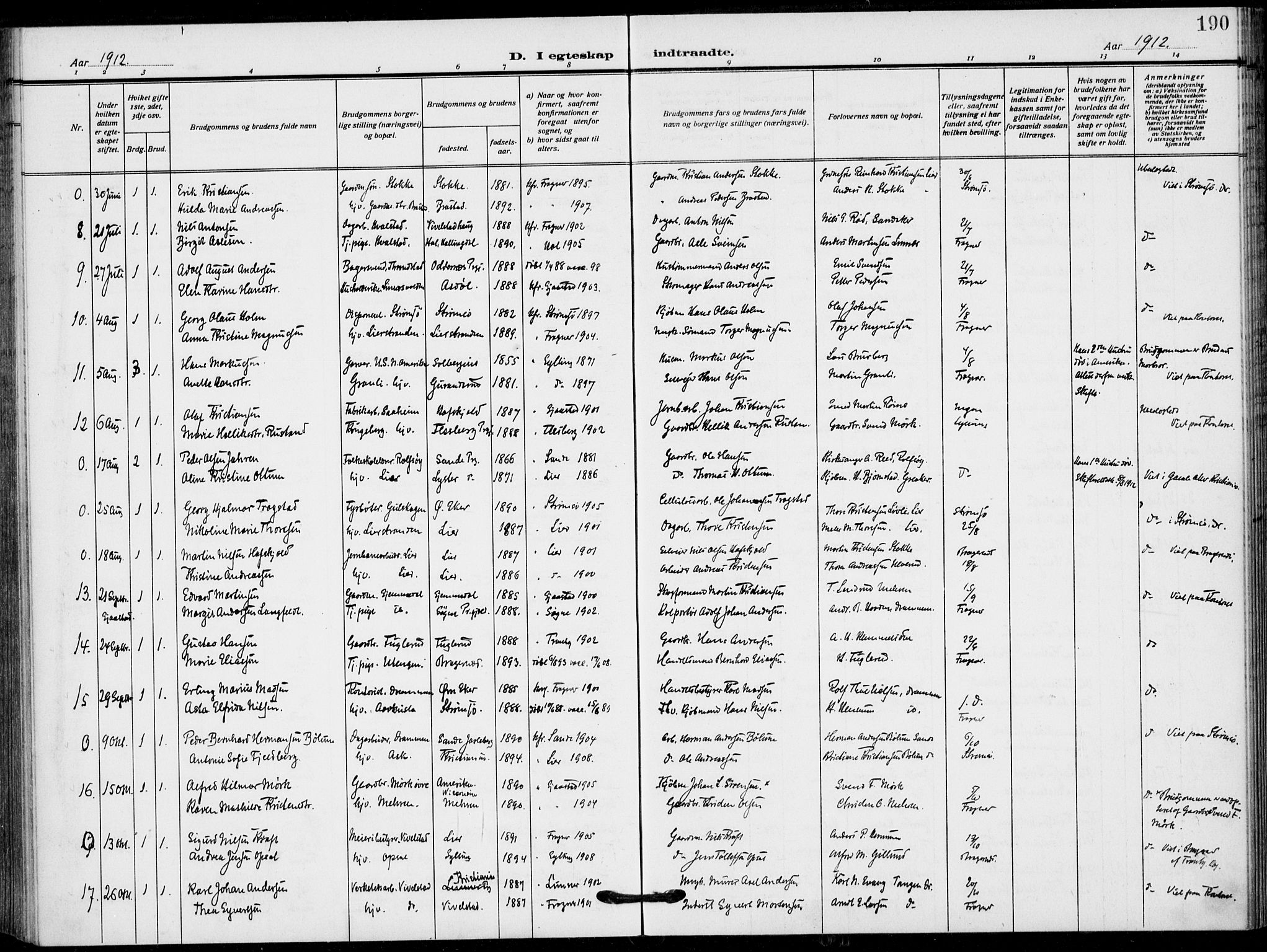 Lier kirkebøker, AV/SAKO-A-230/F/Fa/L0018: Parish register (official) no. I 18, 1909-1917, p. 190