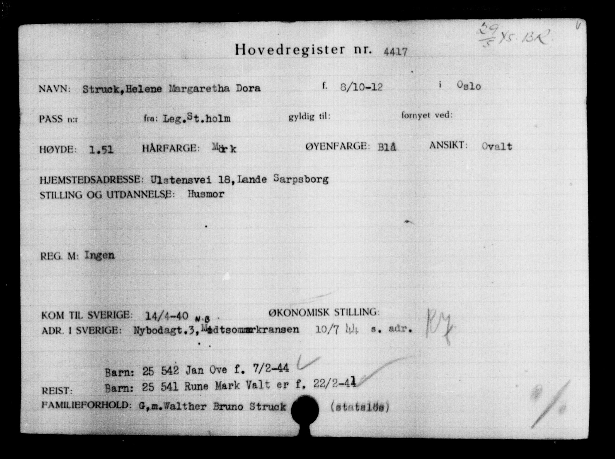 Utenriksstasjonene, Legasjonen i Stockholm, Flyktningkontoret, AV/RA-S-6753/V/Va/L0004: Kjesäterkartoteket, flyktninger med registreringsnr. 3496-6610, 1940-1945, p. 1117