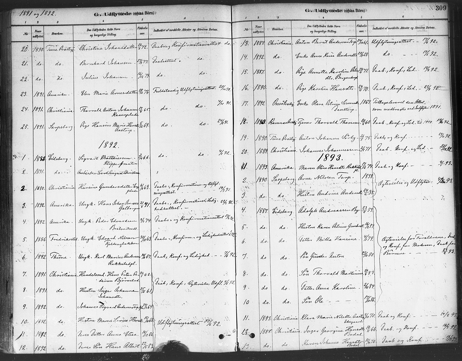 Rakkestad prestekontor Kirkebøker, AV/SAO-A-2008/F/Fa/L0012: Parish register (official) no. I 12, 1878-1893, p. 309