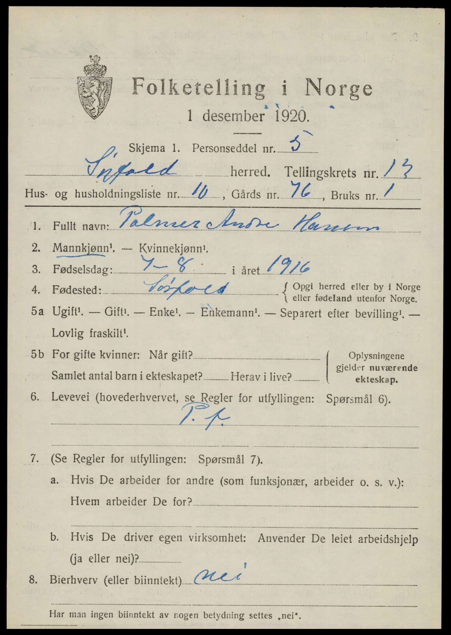 SAT, 1920 census for Sørfold, 1920, p. 6571