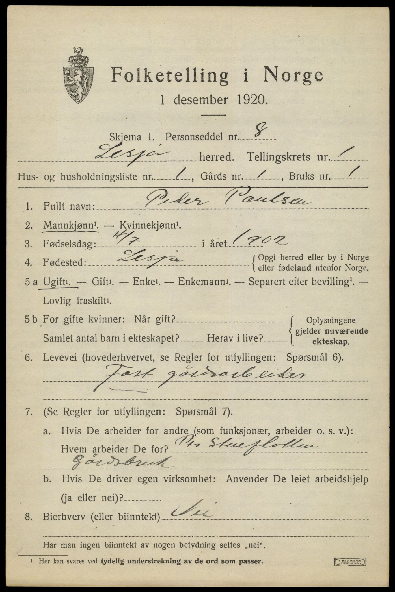 SAH, 1920 census for Lesja, 1920, p. 1060