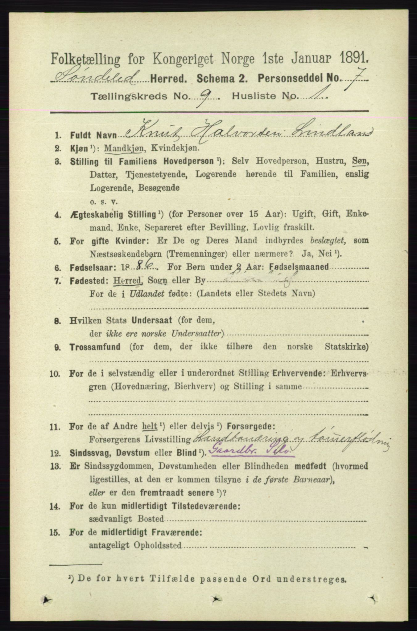 RA, 1891 census for 0913 Søndeled, 1891, p. 2868