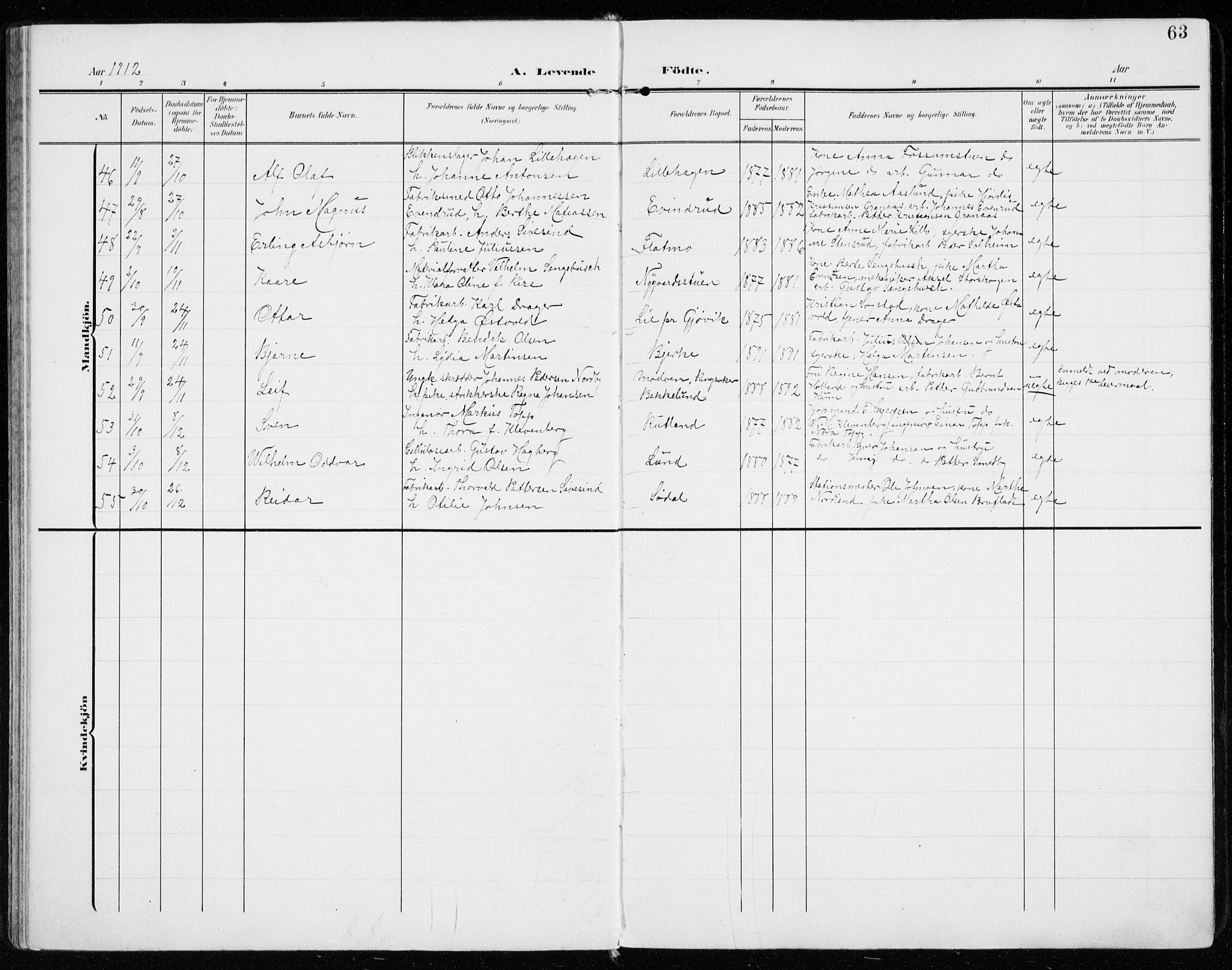 Vardal prestekontor, SAH/PREST-100/H/Ha/Haa/L0016: Parish register (official) no. 16, 1904-1916, p. 63