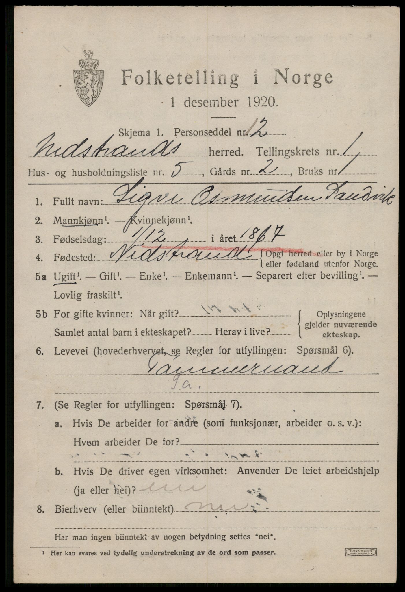 SAST, 1920 census for Nedstrand, 1920, p. 681
