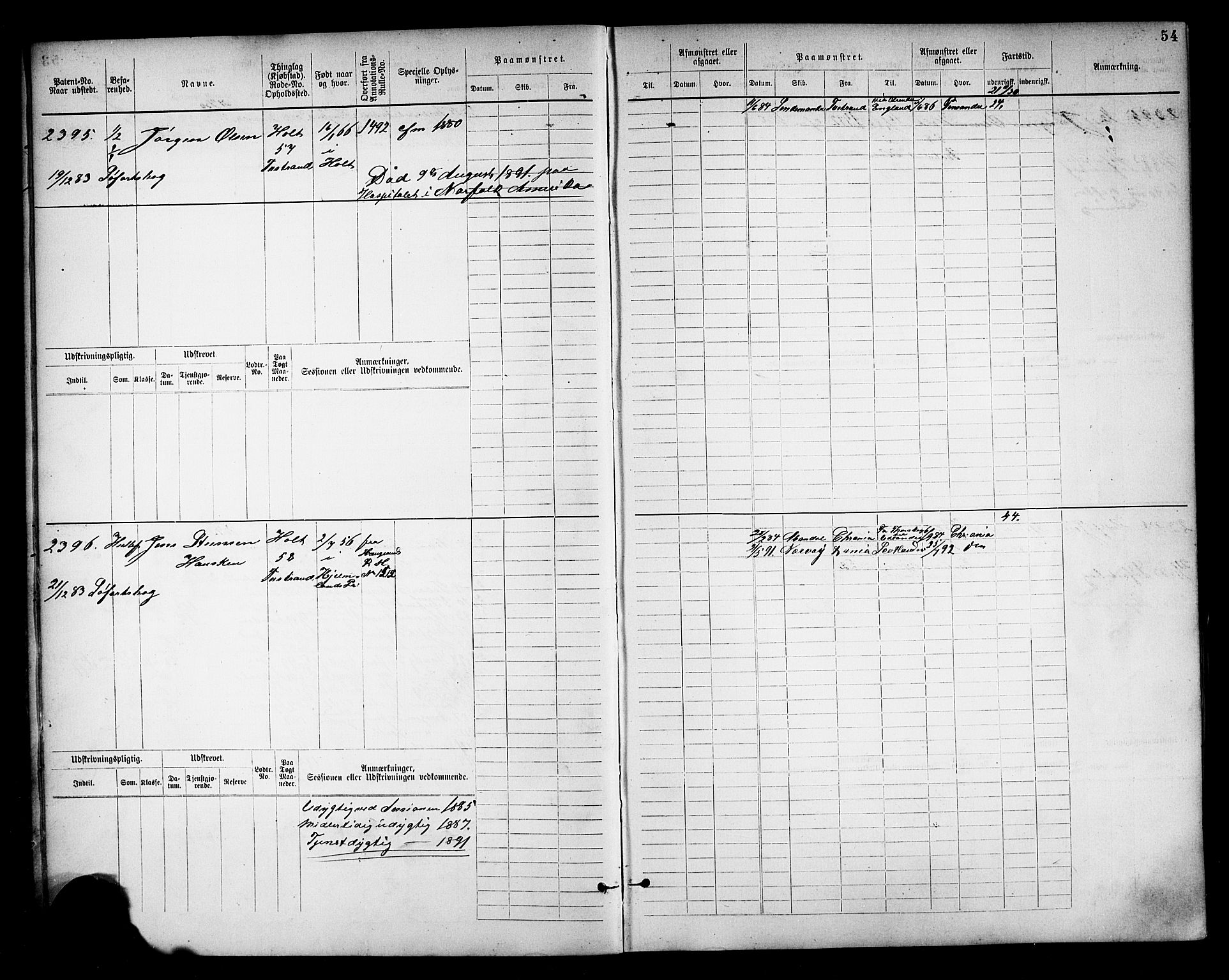 Tvedestrand mønstringskrets, SAK/2031-0011/F/Fb/L0018: Hovedrulle nr 2289-3056, U-34, 1882-1892, p. 57