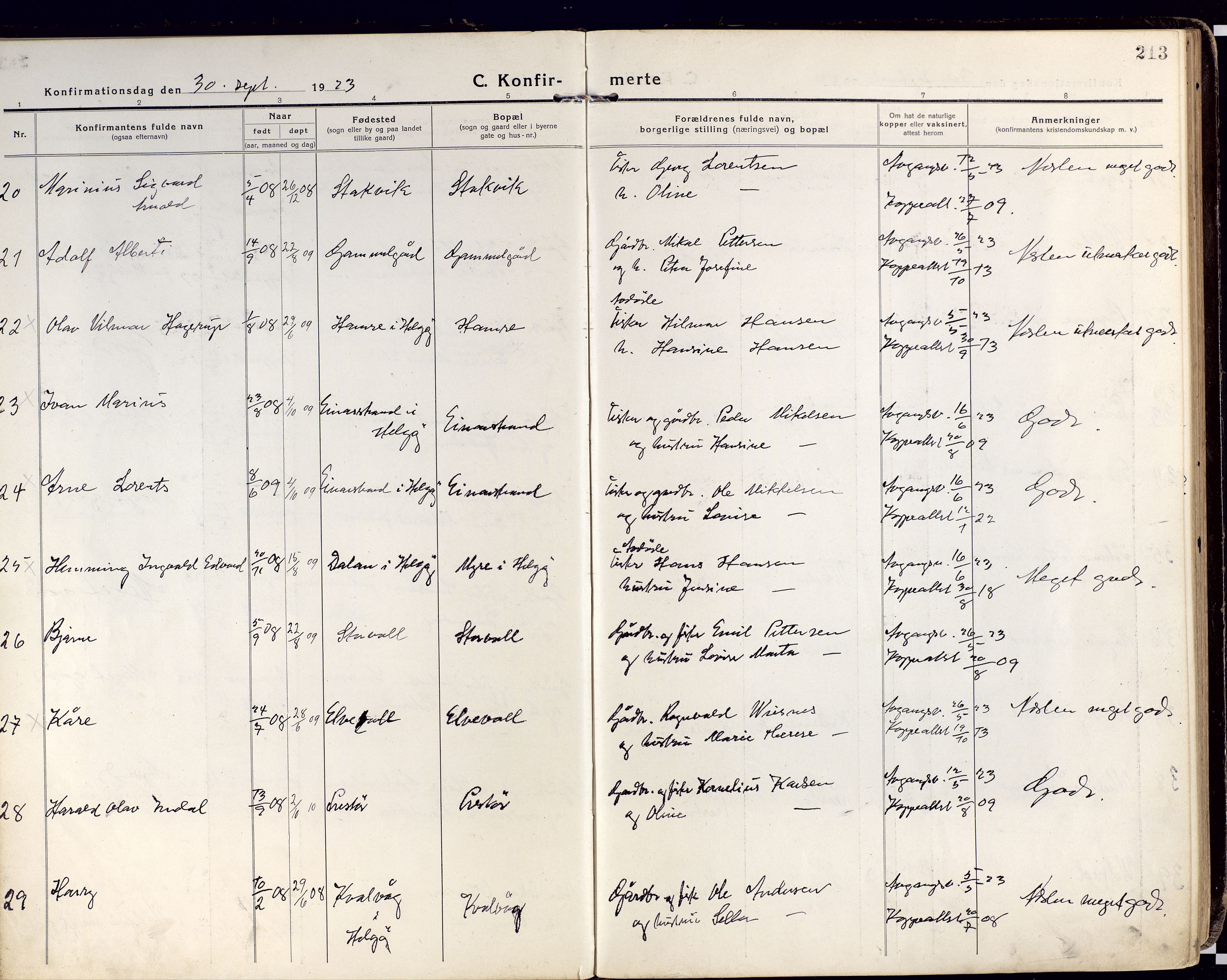 Karlsøy sokneprestembete, SATØ/S-1299/H/Ha/Haa/L0015kirke: Parish register (official) no. 15, 1918-1929, p. 213