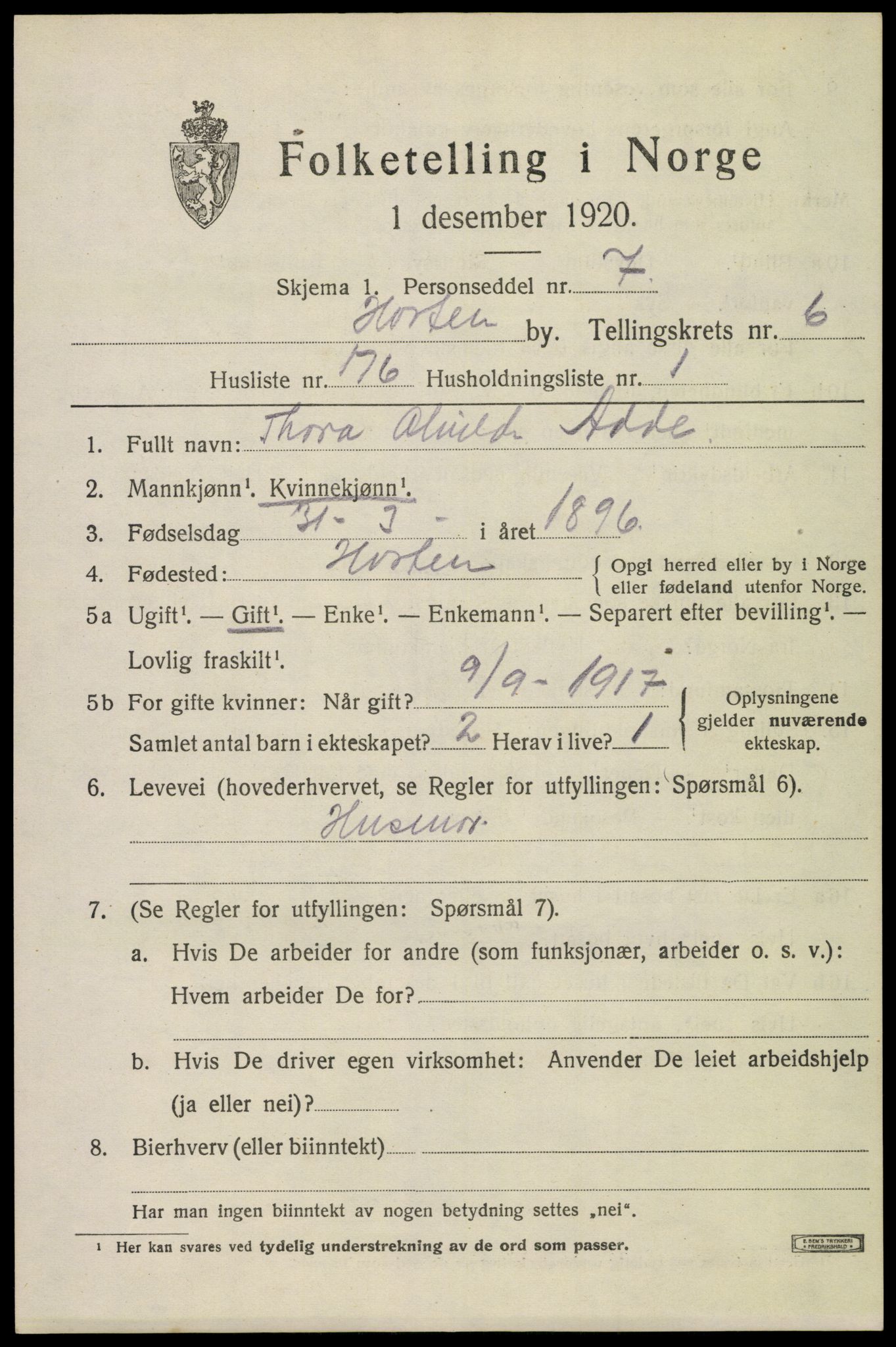SAKO, 1920 census for Horten, 1920, p. 25405