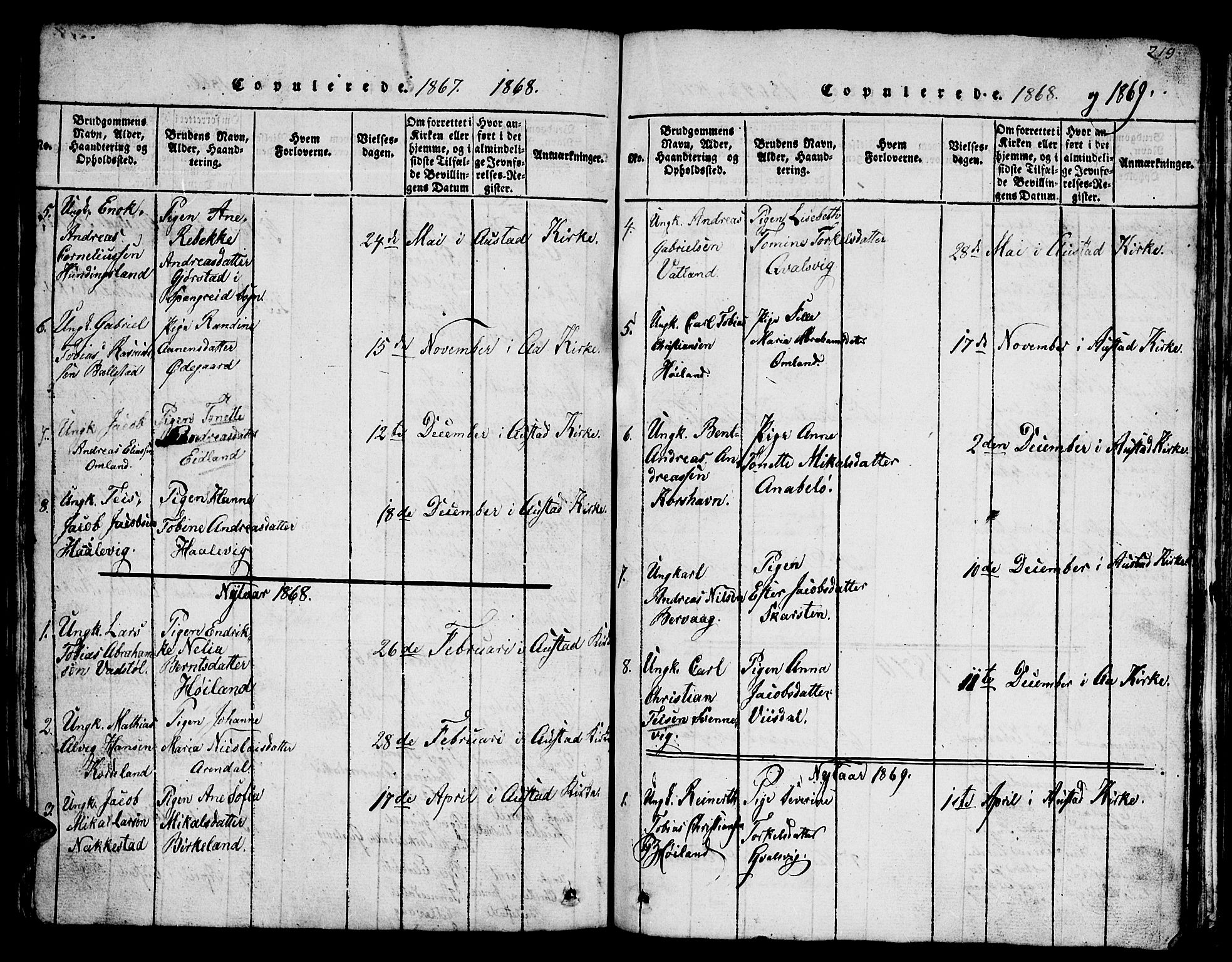 Lyngdal sokneprestkontor, SAK/1111-0029/F/Fb/Fba/L0001: Parish register (copy) no. B 1, 1816-1876, p. 219