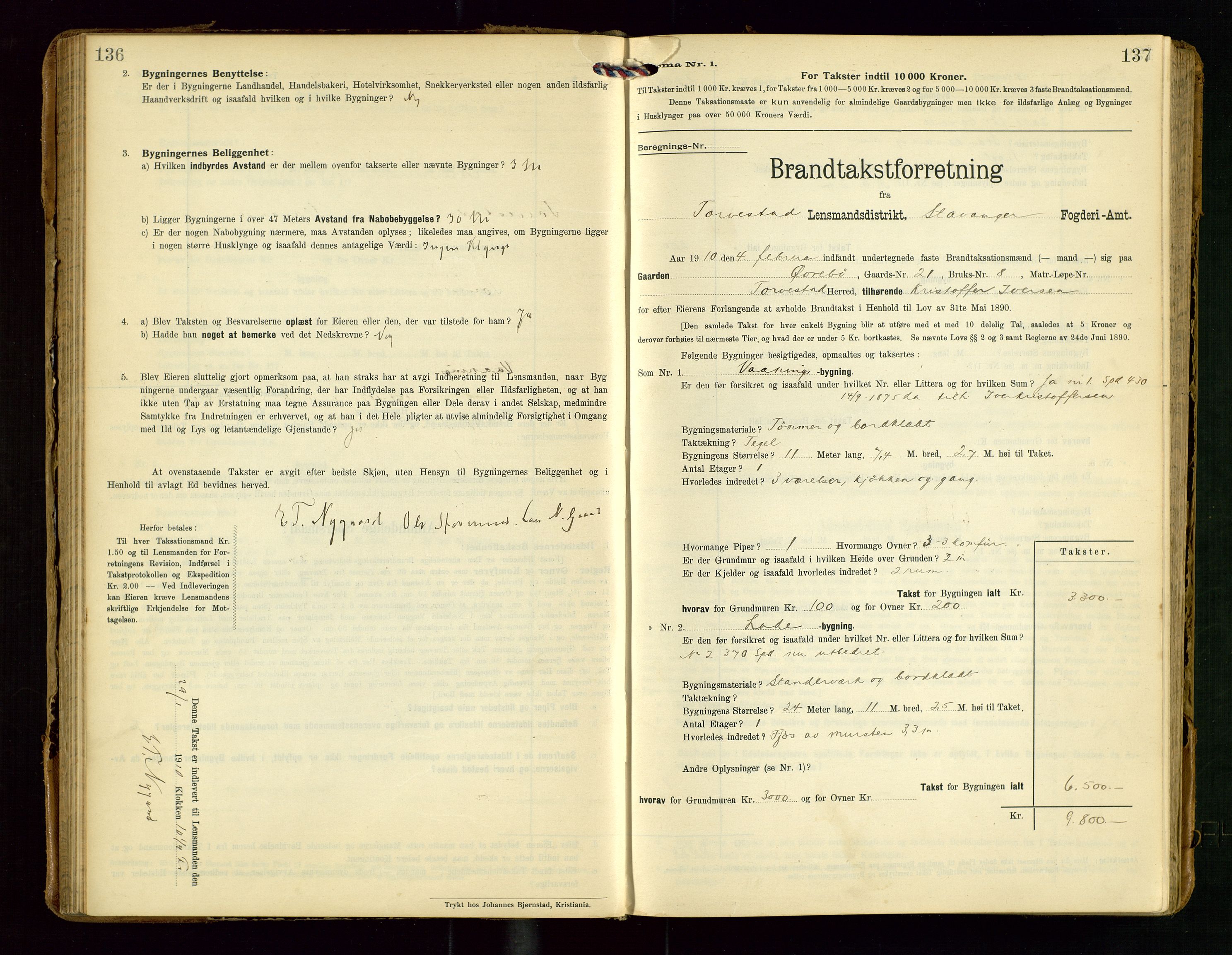 Torvestad lensmannskontor, AV/SAST-A-100307/1/Gob/L0004: "Brandtaxationsprotokol for Torvestad Lensmannsdistrikt", 1909-1923, p. 136-137