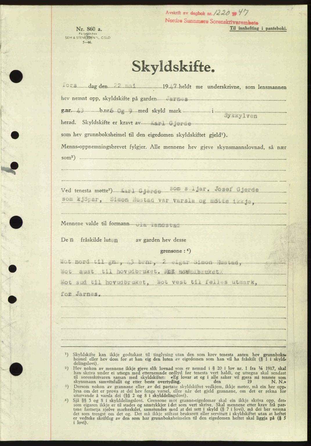 Nordre Sunnmøre sorenskriveri, AV/SAT-A-0006/1/2/2C/2Ca: Mortgage book no. A25, 1947-1947, Diary no: : 1220/1947