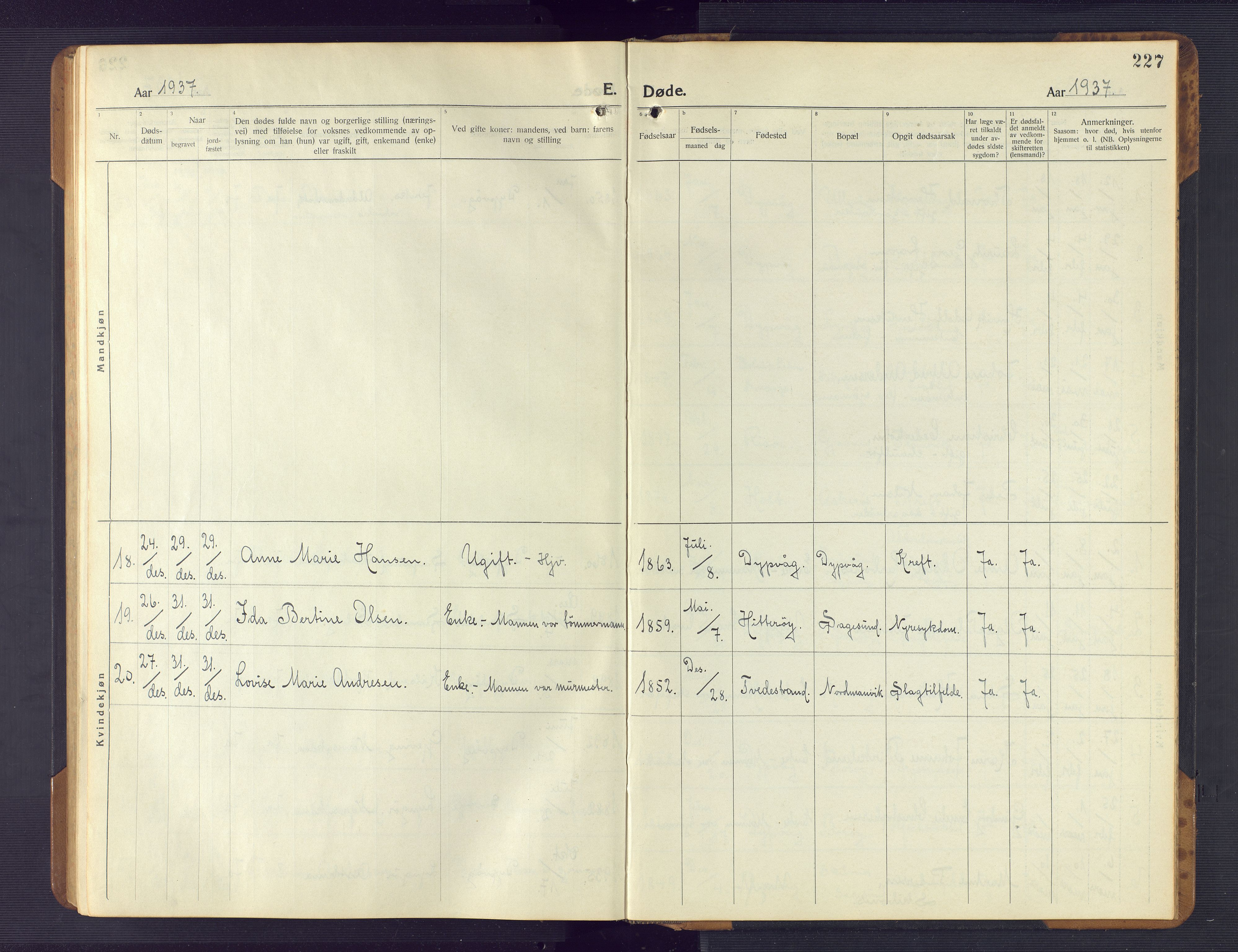 Dypvåg sokneprestkontor, AV/SAK-1111-0007/F/Fb/Fba/L0015: Parish register (copy) no. B 15, 1922-1949, p. 227