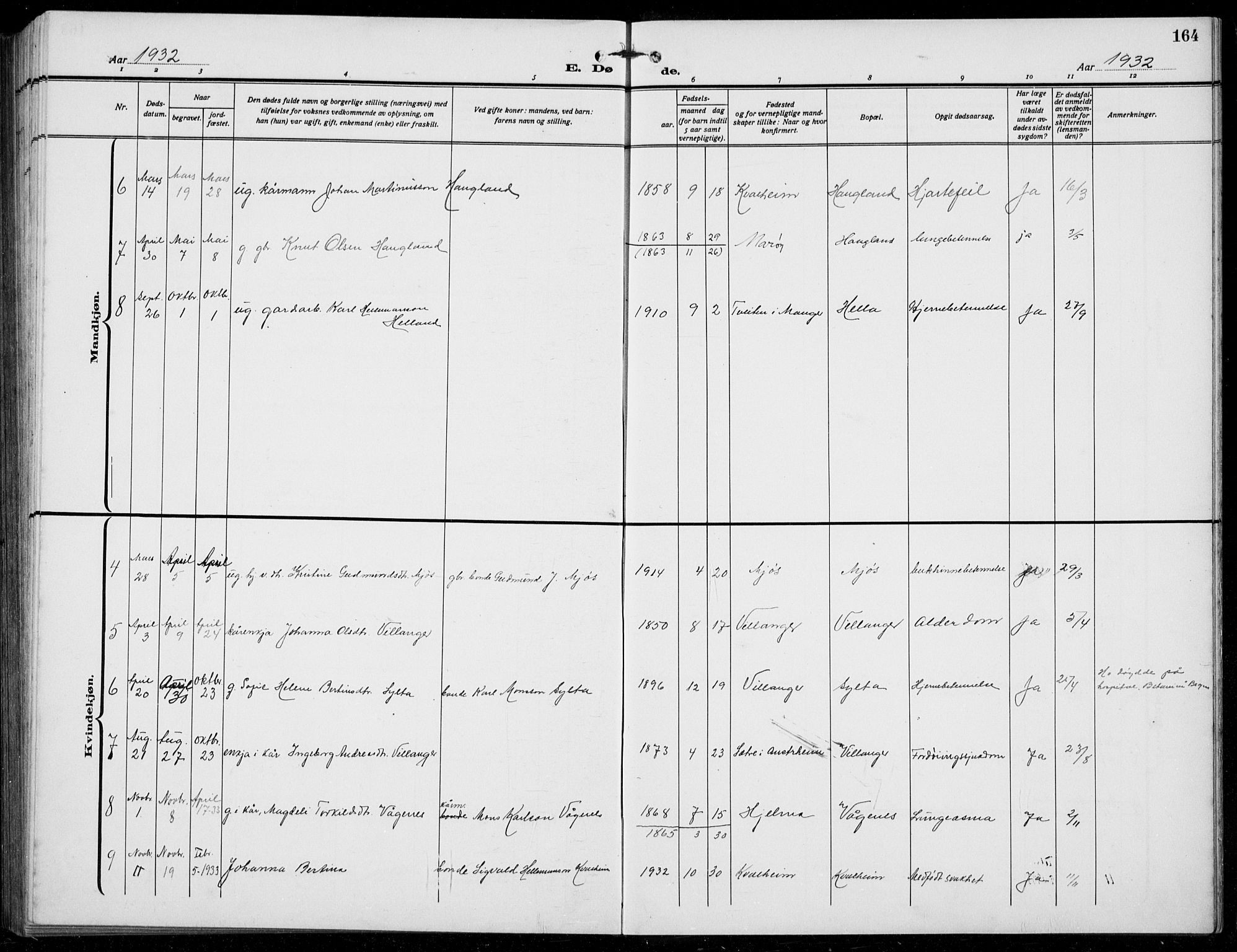 Manger sokneprestembete, AV/SAB-A-76801/H/Hab: Parish register (copy) no. B  5, 1922-1938, p. 164