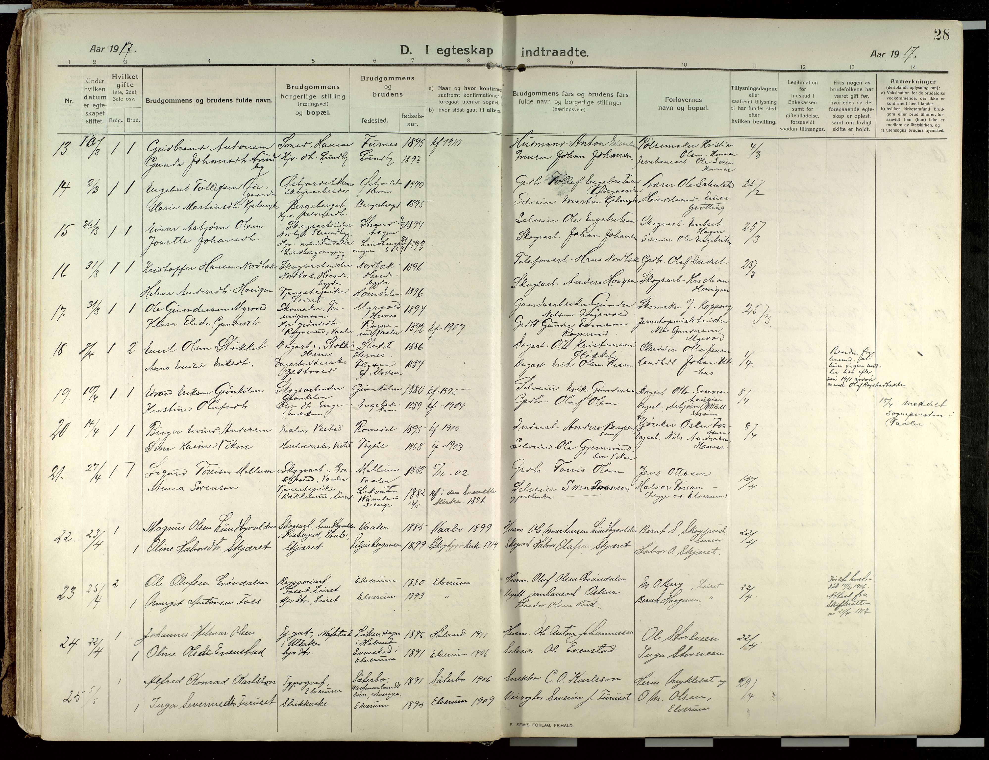 Elverum prestekontor, SAH/PREST-044/H/Ha/Haa/L0021: Parish register (official) no. 21, 1913-1928, p. 28