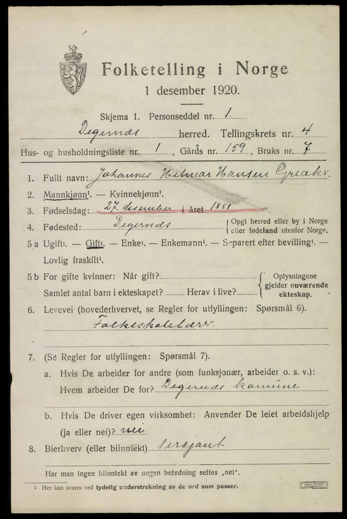 SAO, 1920 census for Degernes, 1920, p. 2330
