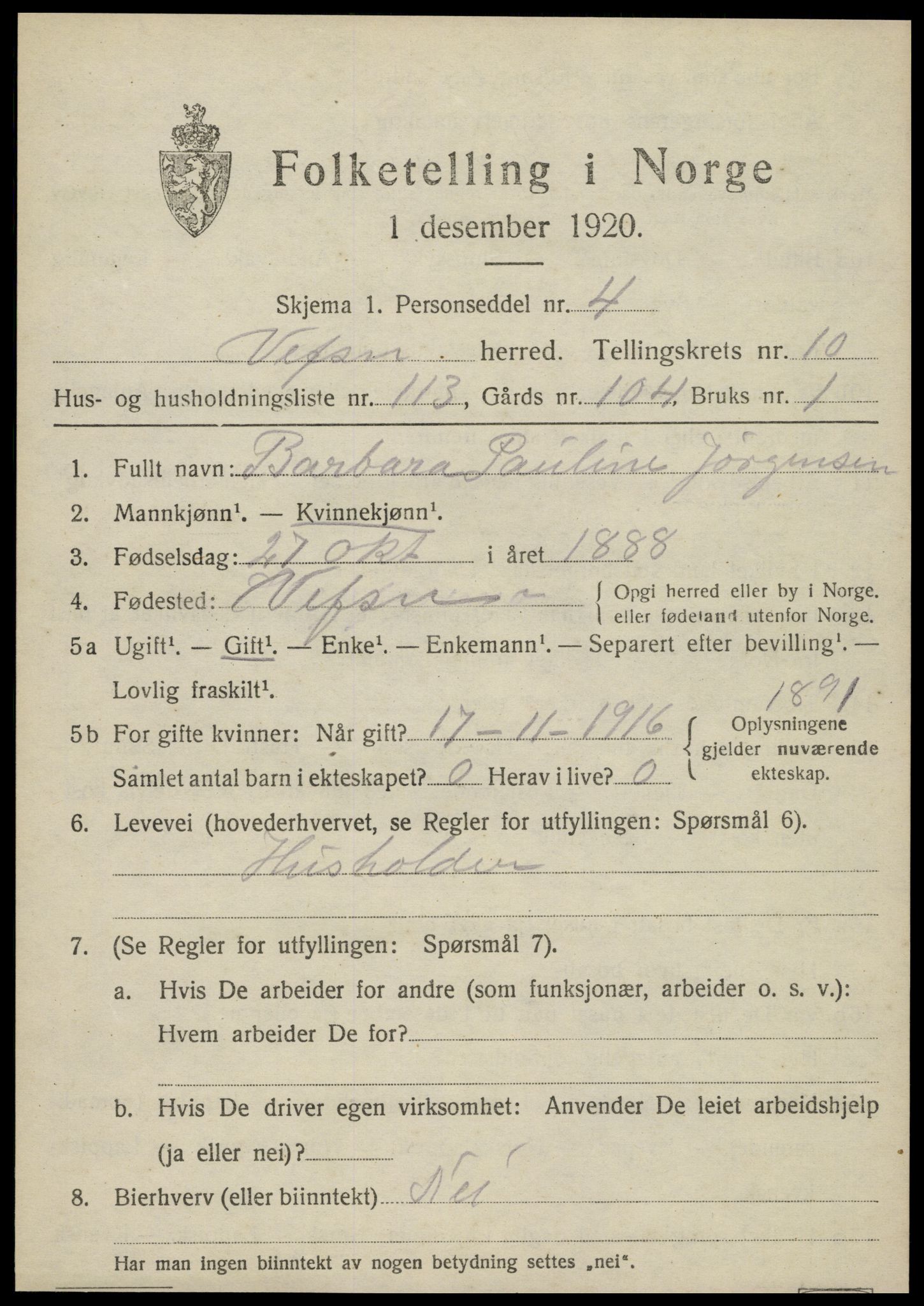 SAT, 1920 census for Vefsn, 1920, p. 8355