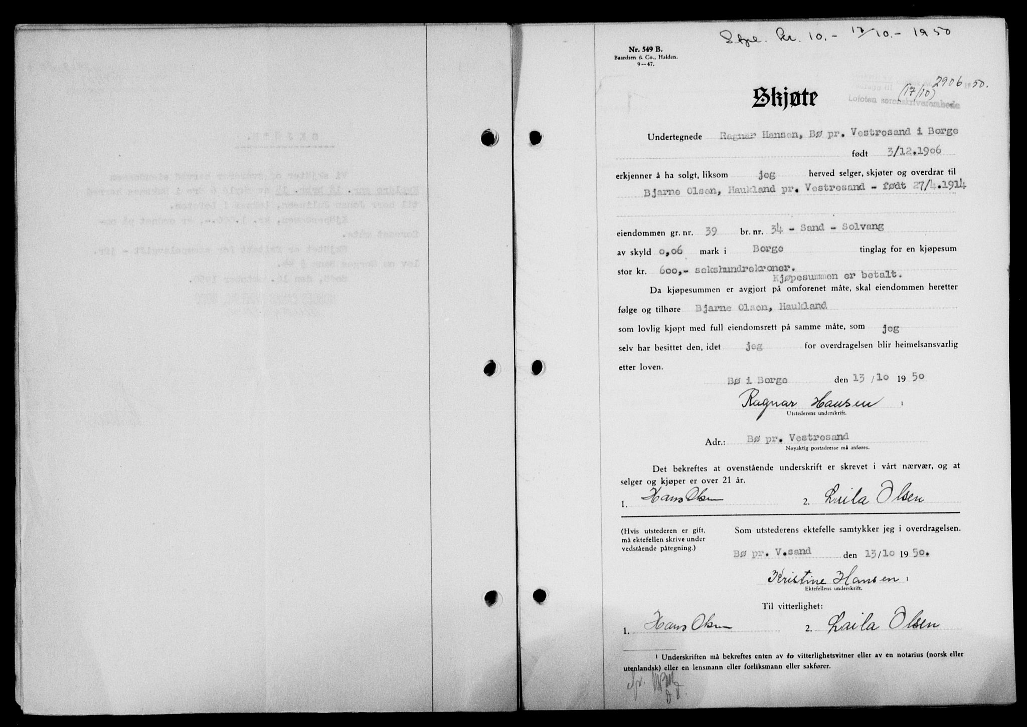 Lofoten sorenskriveri, SAT/A-0017/1/2/2C/L0024a: Mortgage book no. 24a, 1950-1950, Diary no: : 2906/1950