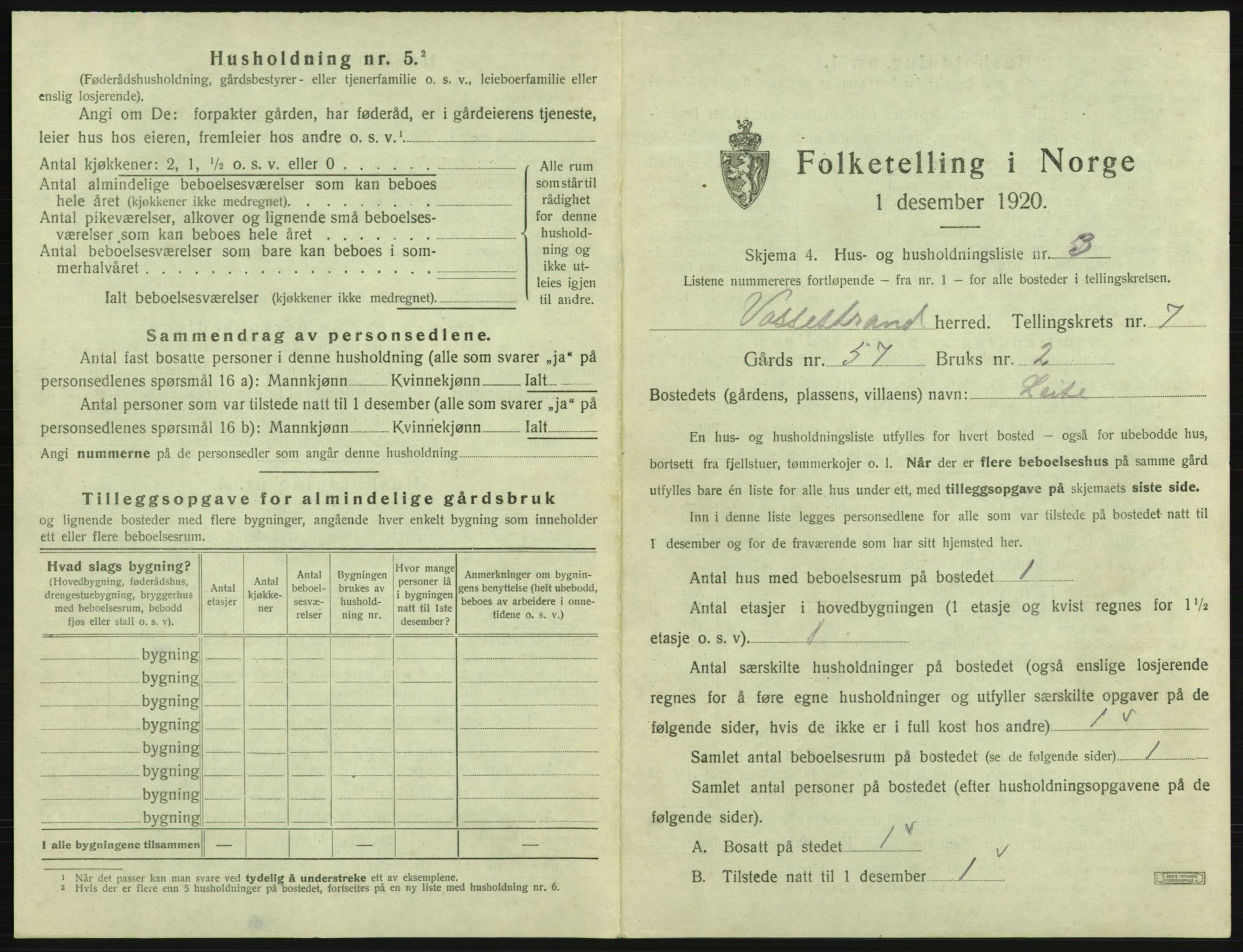 SAB, 1920 census for Vossestrand, 1920, p. 452